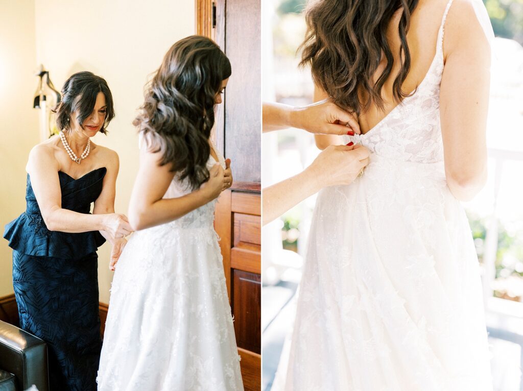 mother helps bride into wedding dress inside Whitehead Manor