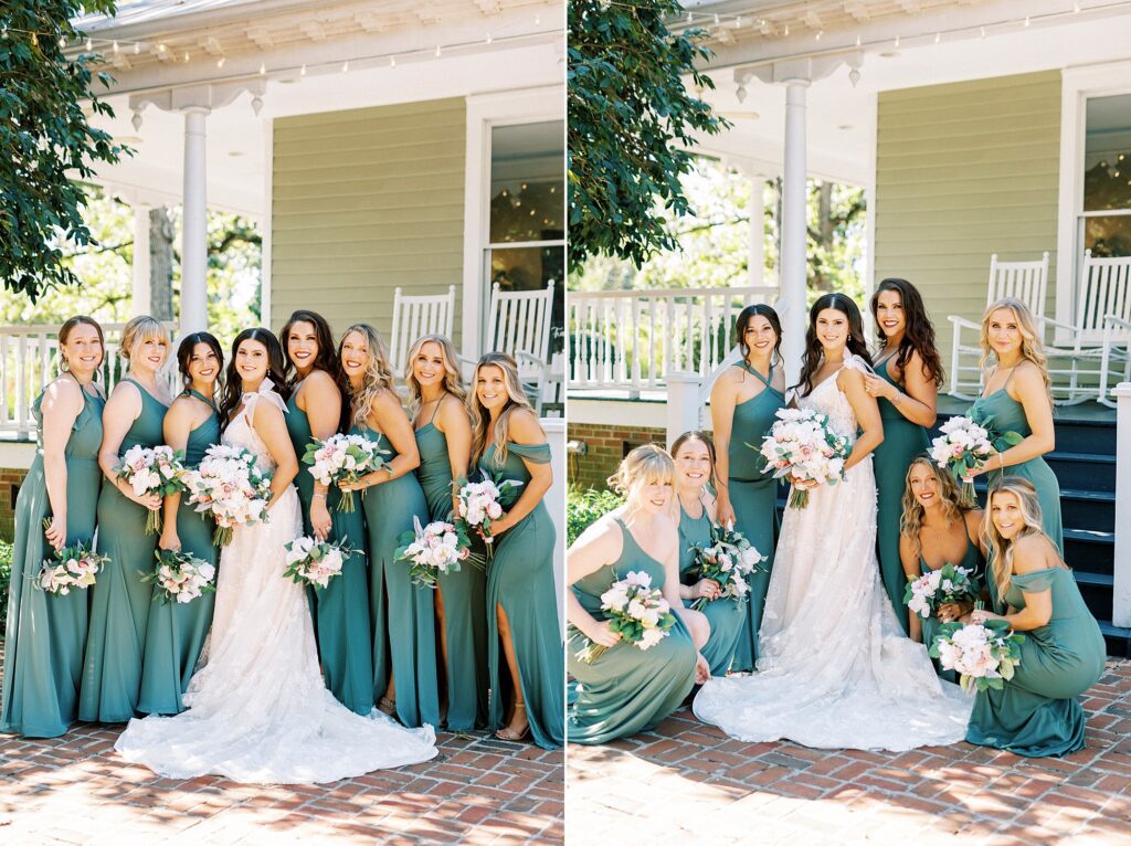 bride poses with bridesmaids in green gowns outside Whitehead Manor