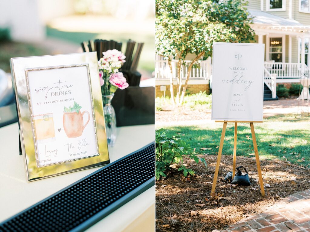 welcome sign and signature drink sign for reception in Charlotte NC