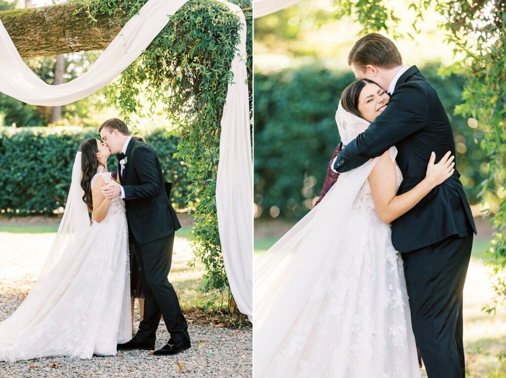 newlyweds hug under oak tree during Whitehead Manor wedding ceremony 