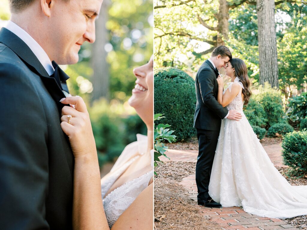 bride looks up at groom holding his lapels in Charlotte NC