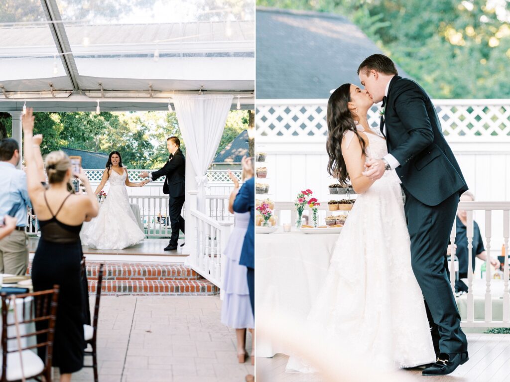 bride and groom kiss during wedding reception in Charlotte NC