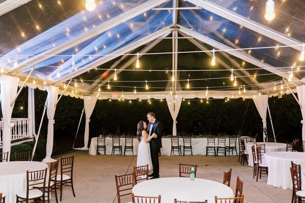 bride and groom dance privately after wedding reception at Whitehead Manor