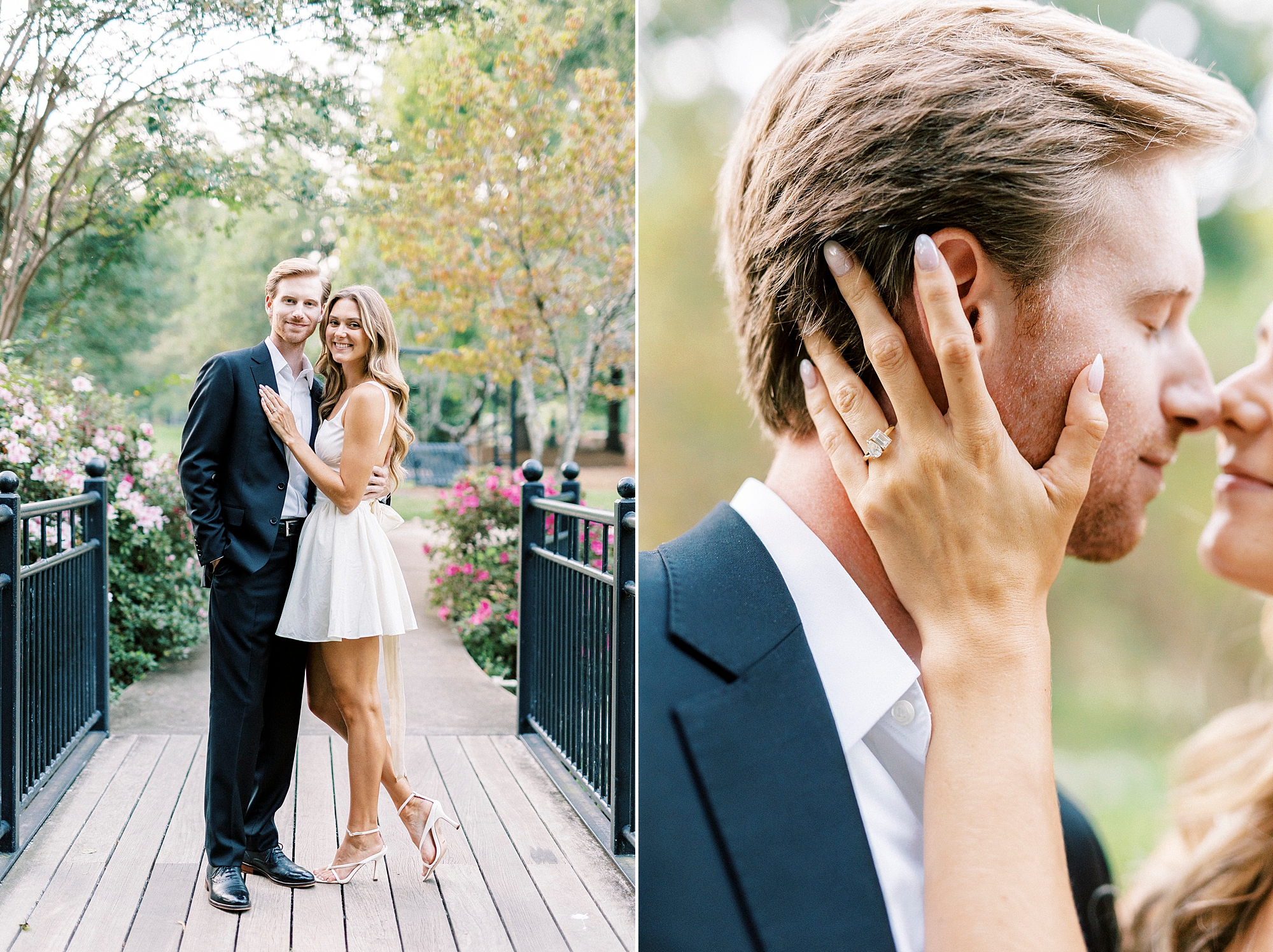 man and woman hug leaning heads together showing off her engagement ring