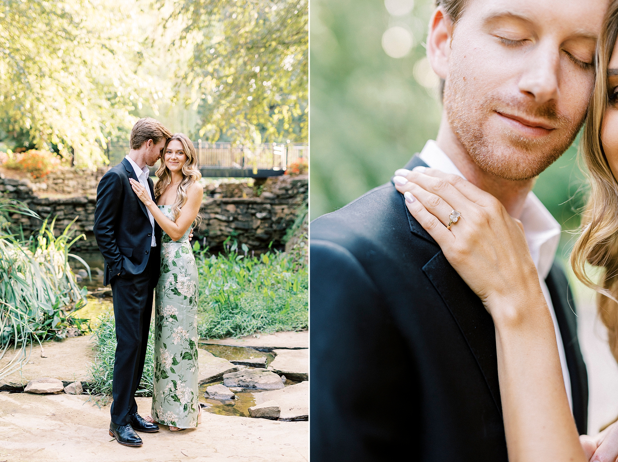 woman holds man's cheek showing off ring inside Glencairn Garden