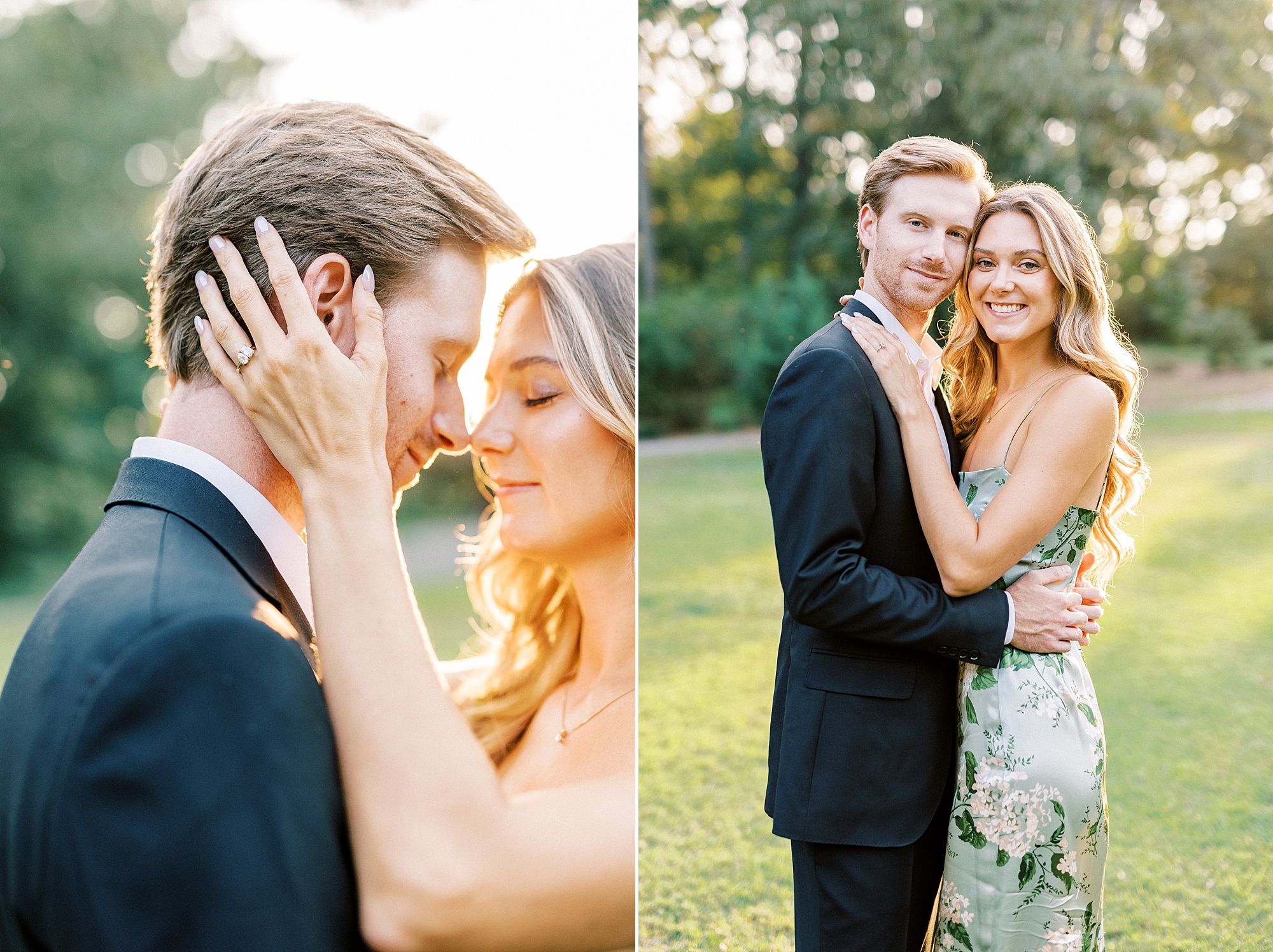 woman leans head into man's showing off ring on hand