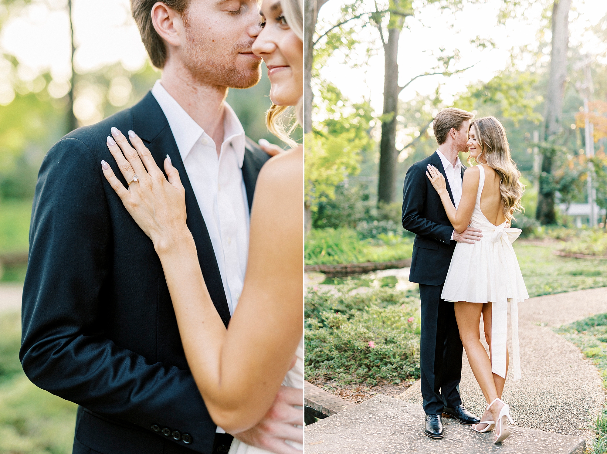 engaged couple poses on walkway in Glencairn Garden showing off bow on back of white dress