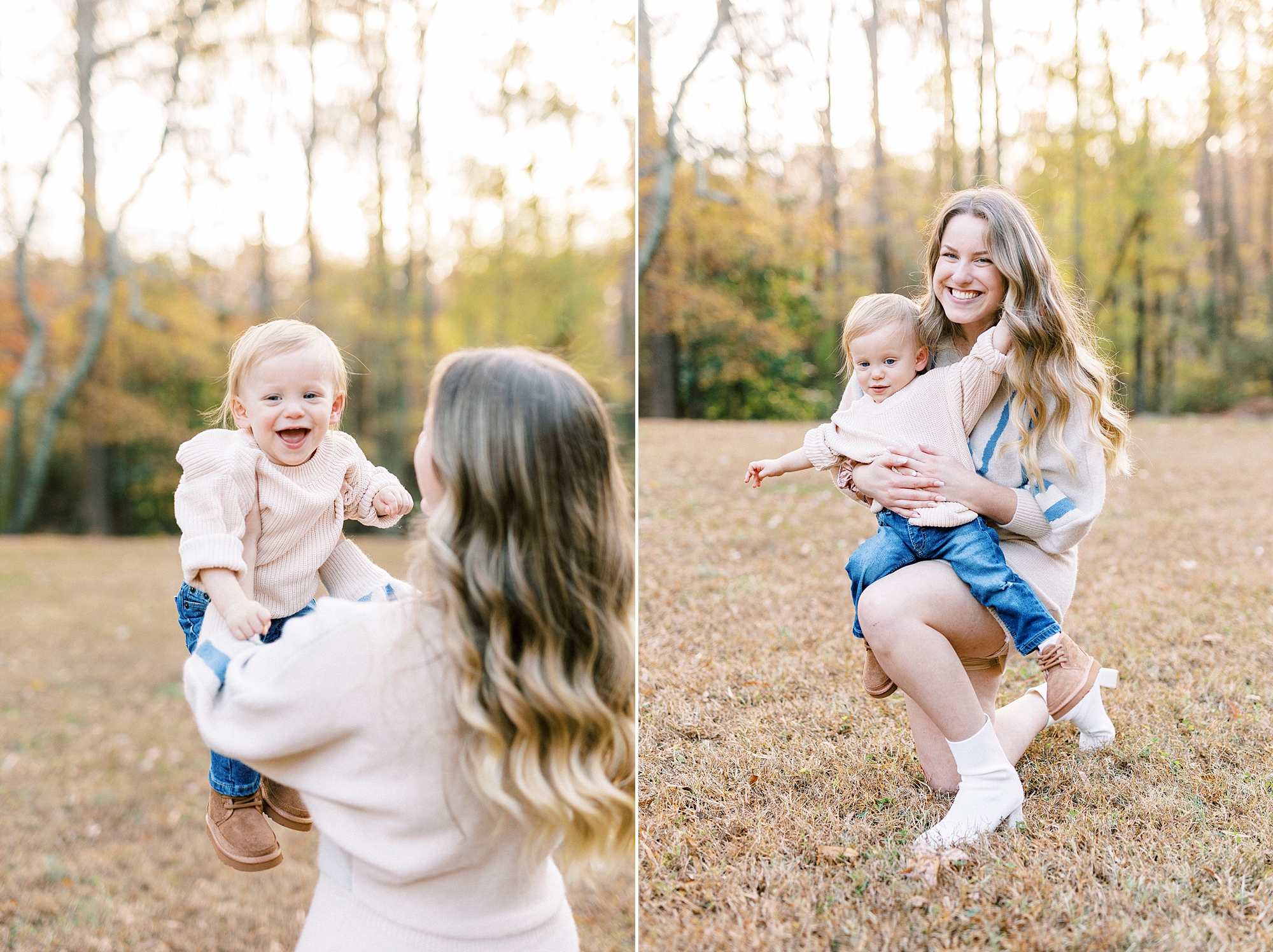 mom lifts up son making him laugh during fall family photos at Baker's Creek Park