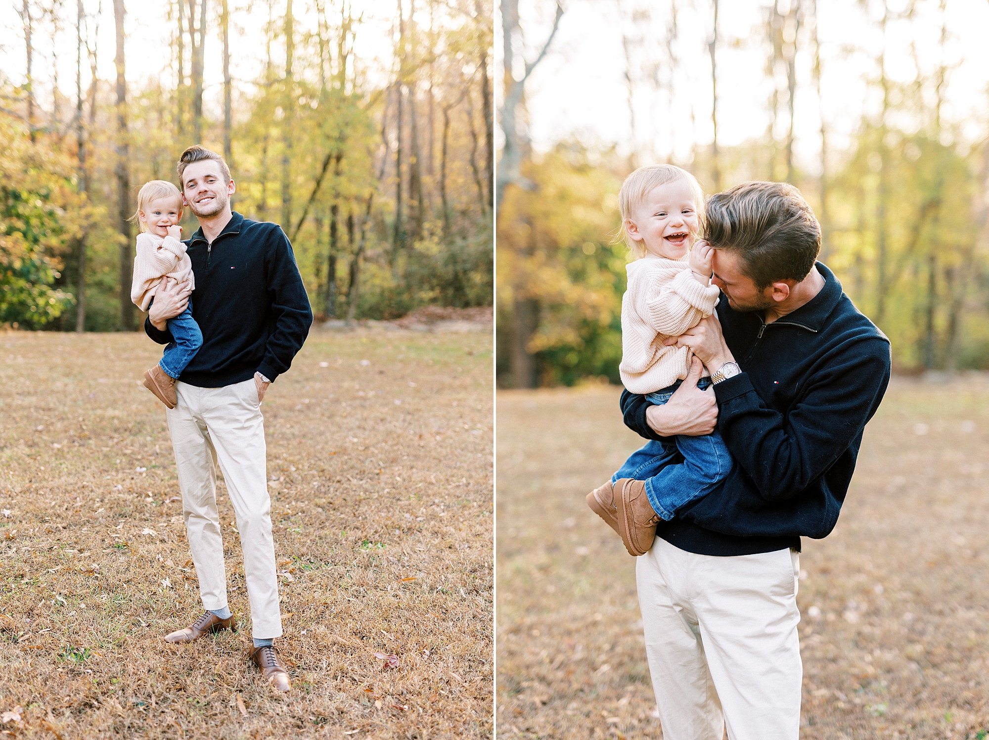 dad smiles at son making him laugh in park