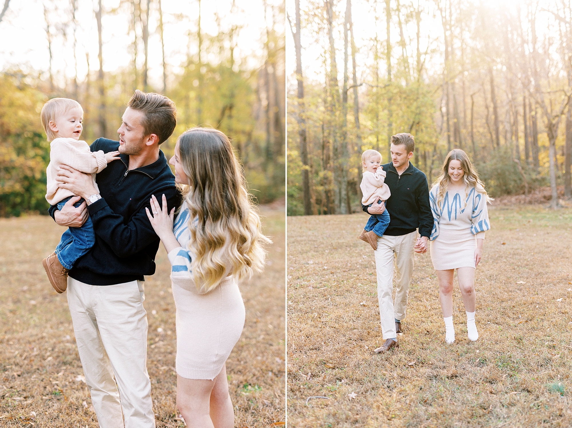 engaged couple laughs at sunset walking through Baker's Creek Park with son