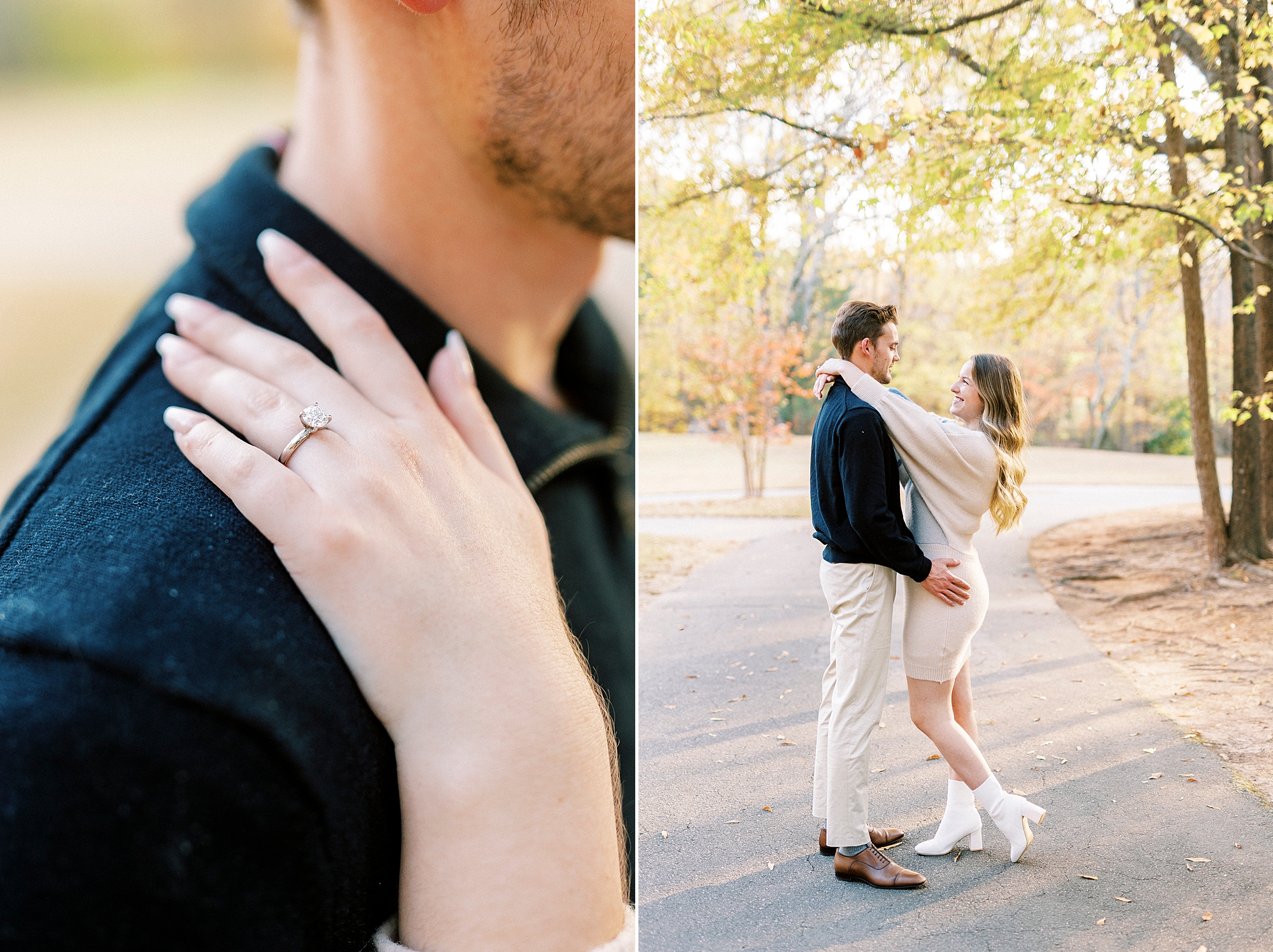 woman puts hand on man's shoulder showing off engagement ring