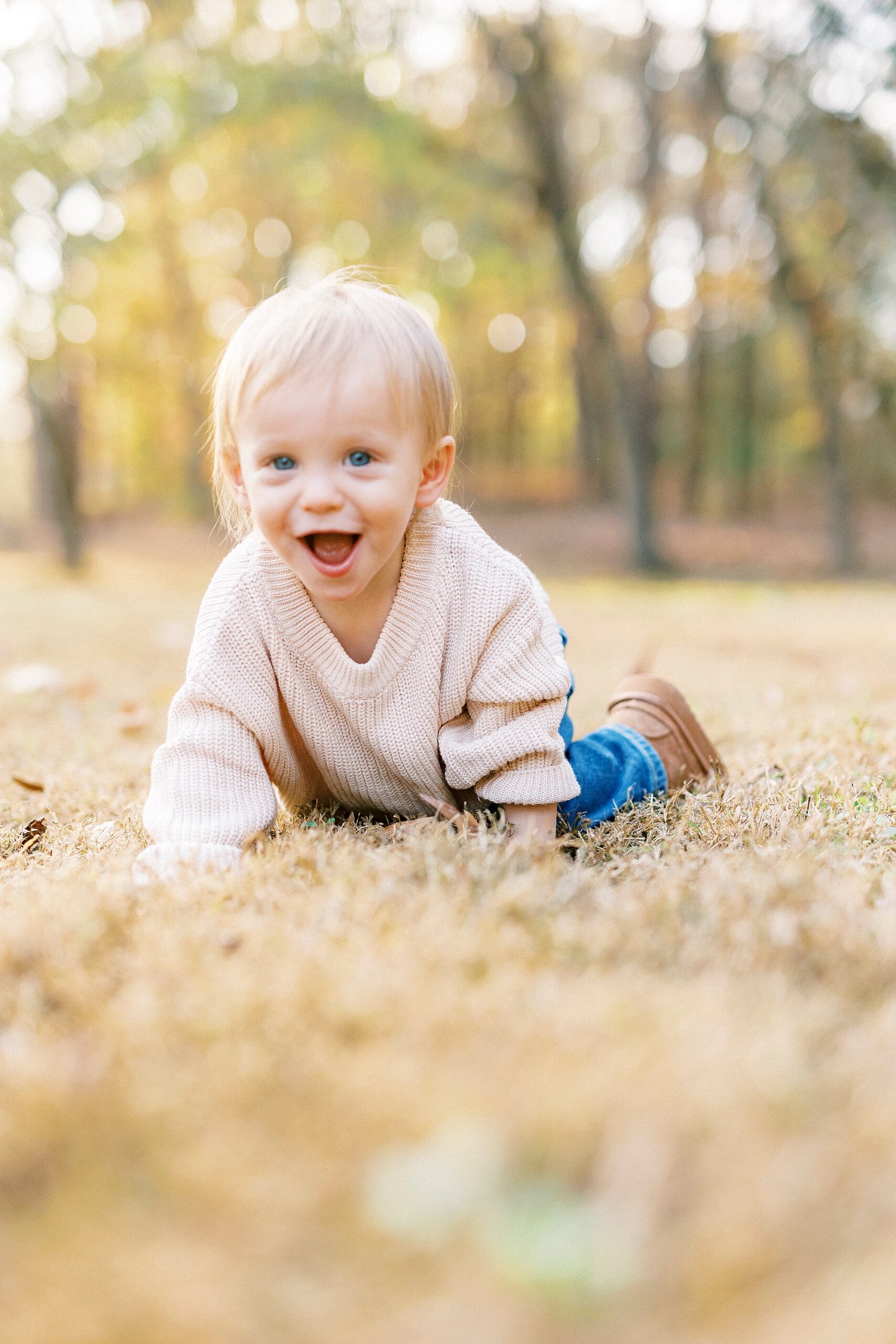 toddler boy in cream sweater crawls on grass during fall family portraits at Baker's Creek Park