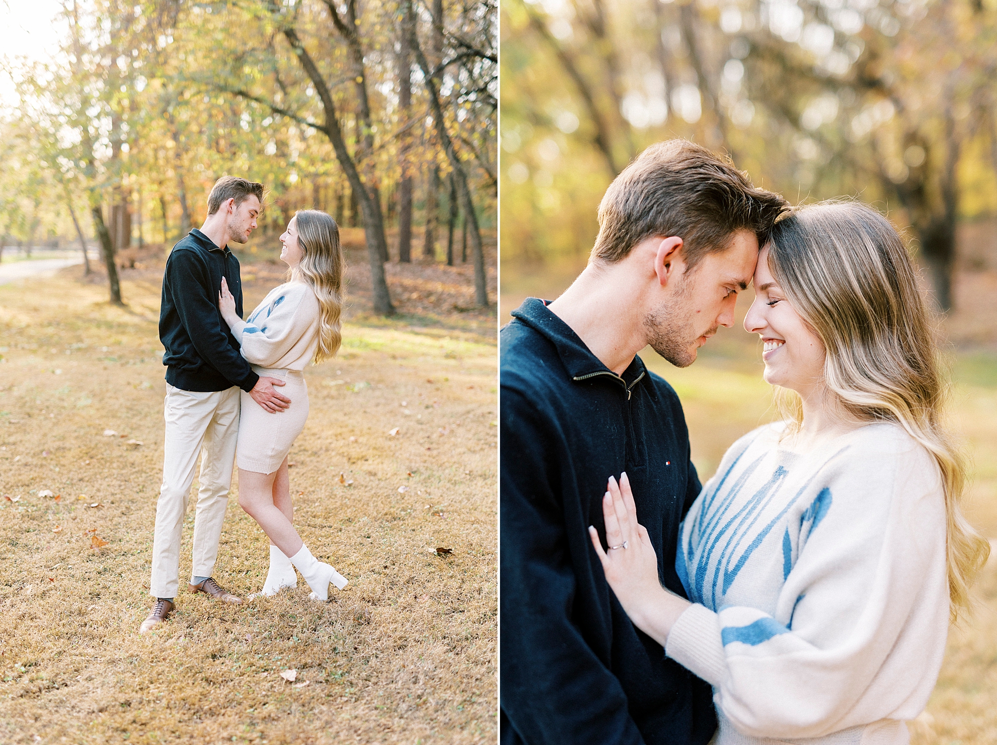 engaged couple leans heads together between trees at Baker's Creek Park
