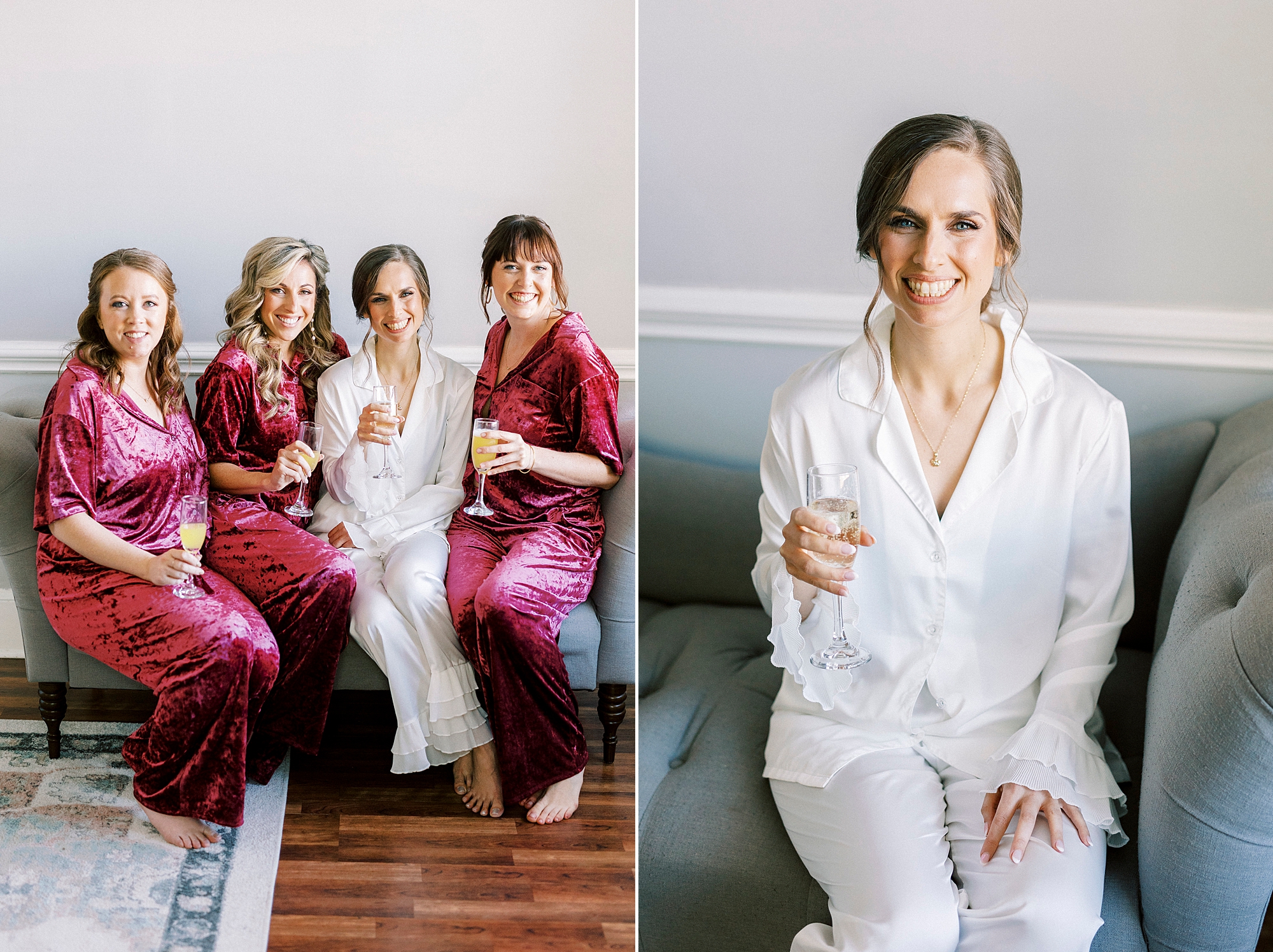 bride and bridesmaids hold mimosas during prep at Separk Mansion