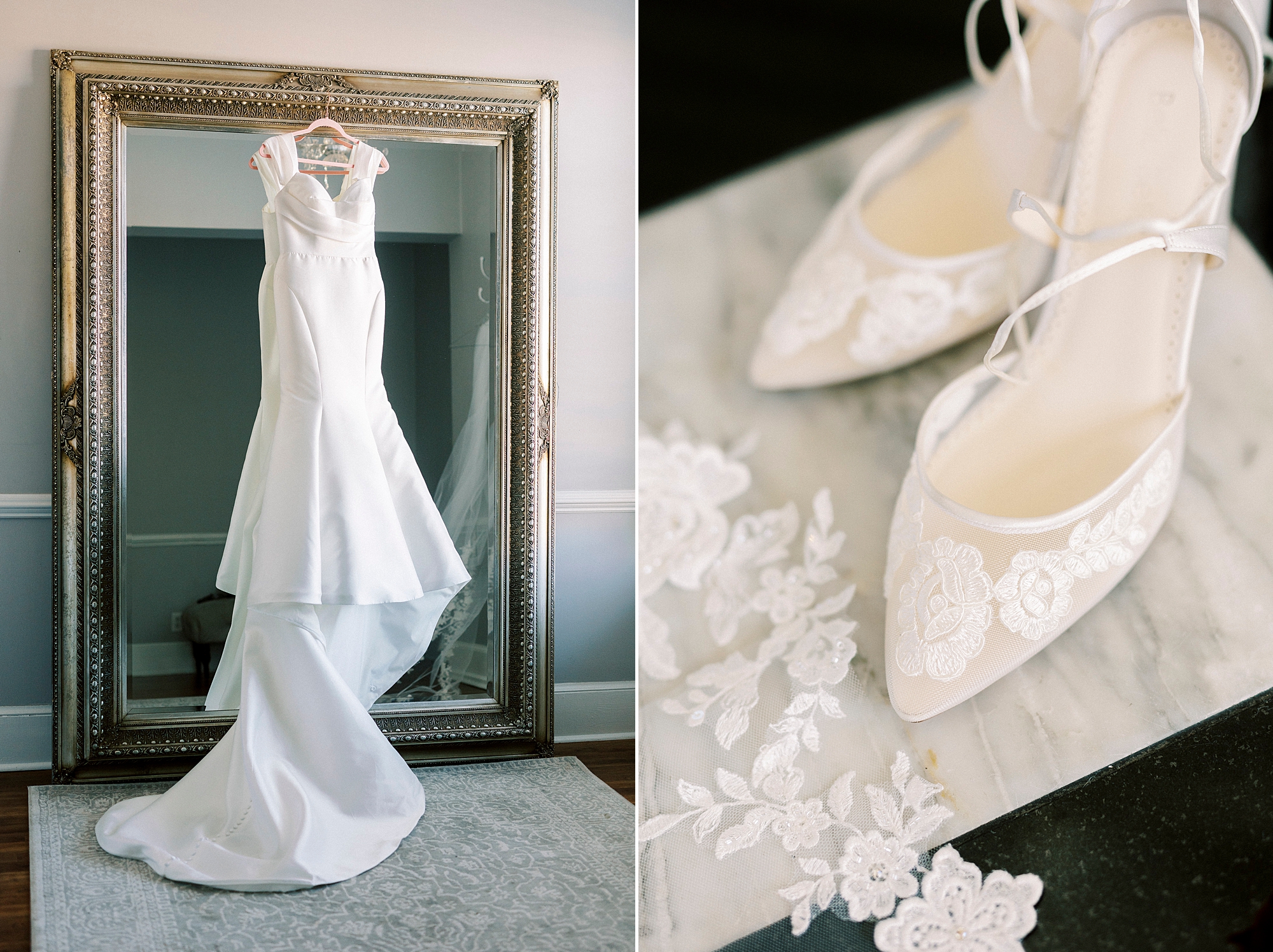 wedding dress hangs on gold mirror inside the bridal suite at Separk Mansion