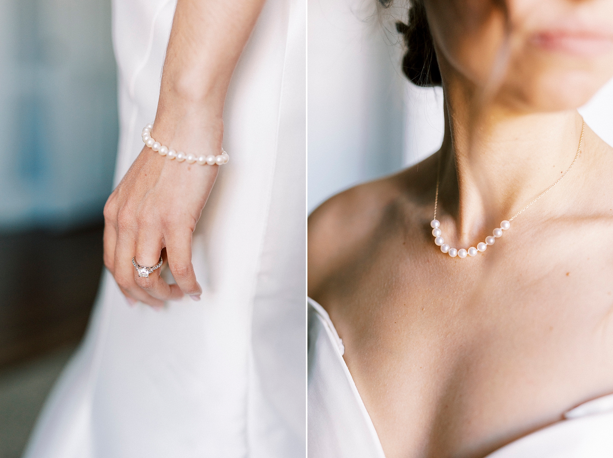 bride shows off pearl necklace and bracelet