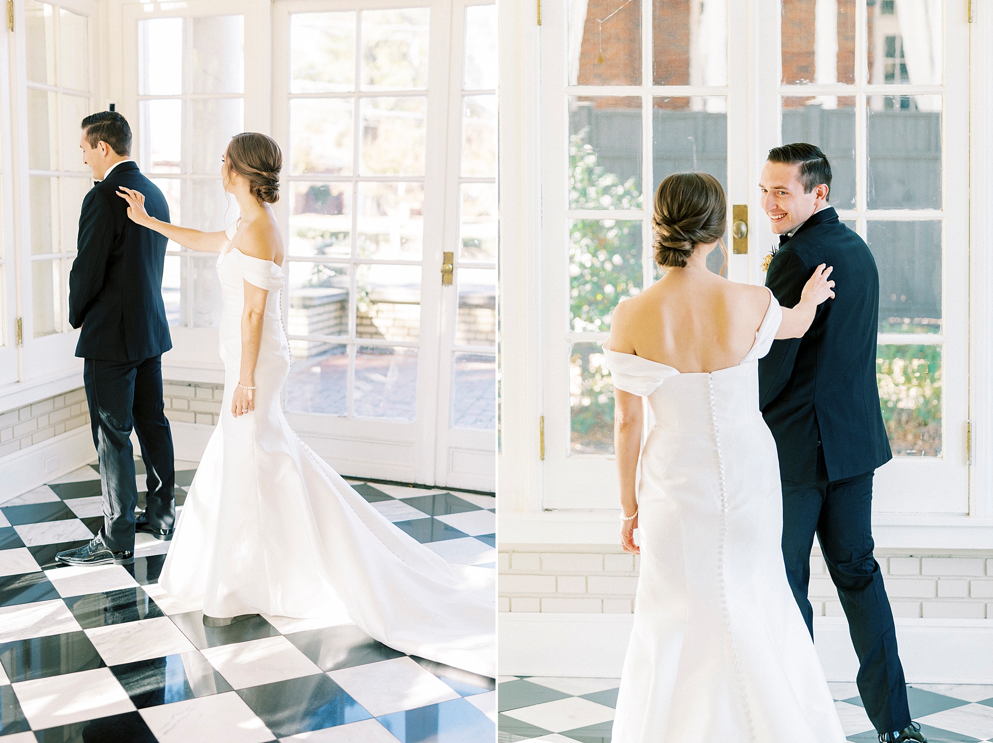 groom turns to look at bride in patio at Separk Mansion