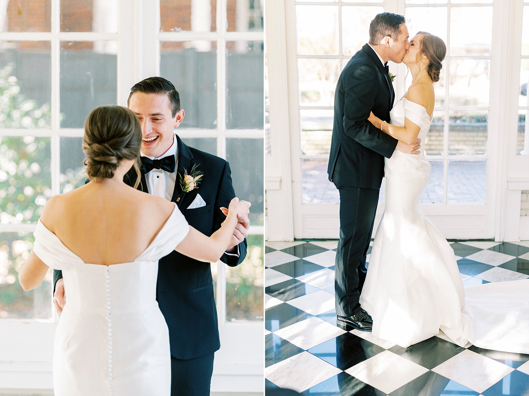 groom grins and smiles at bride during first look at Separk Mansion