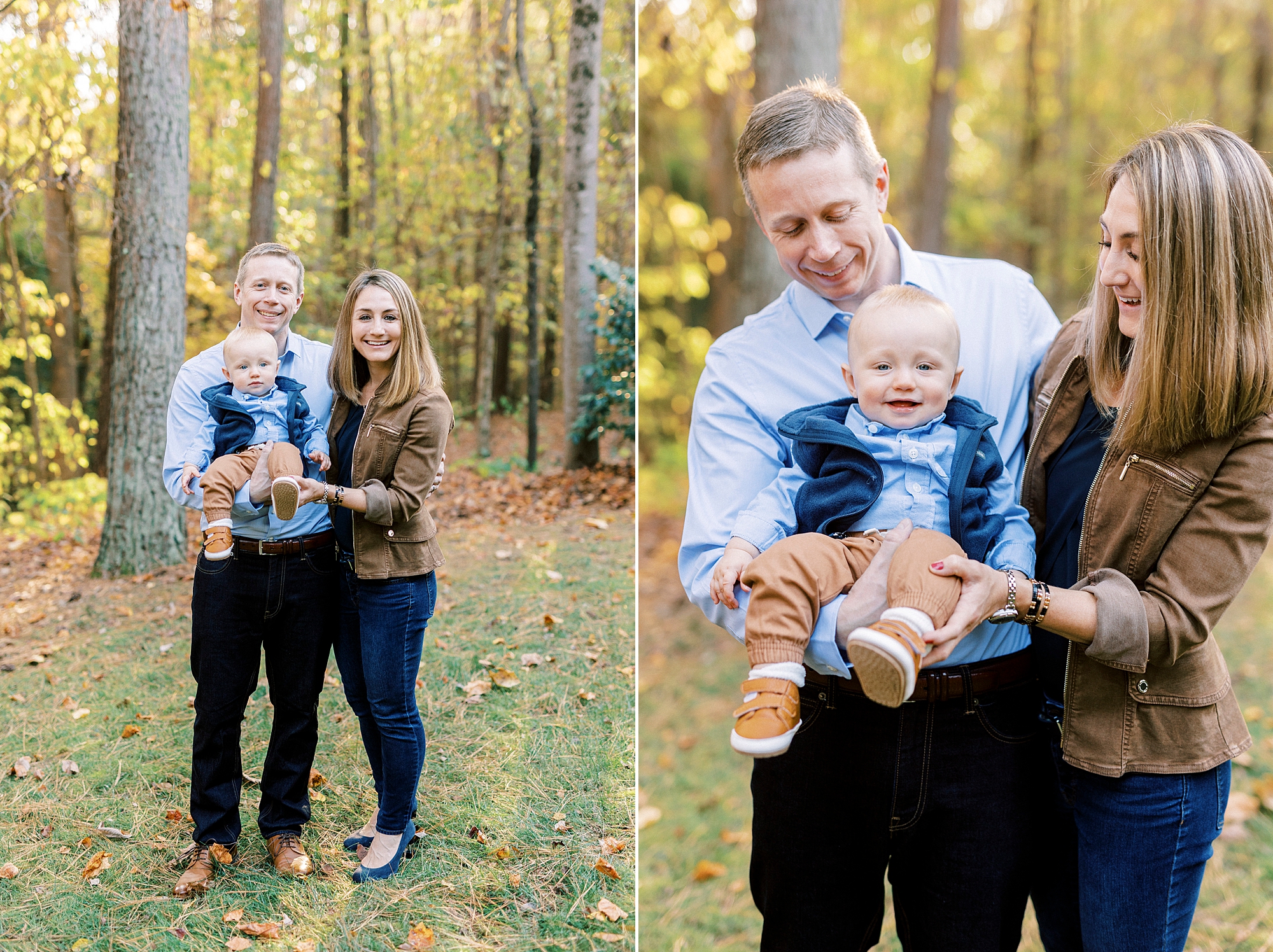 dad holds son in front of him while mom looks down at them both