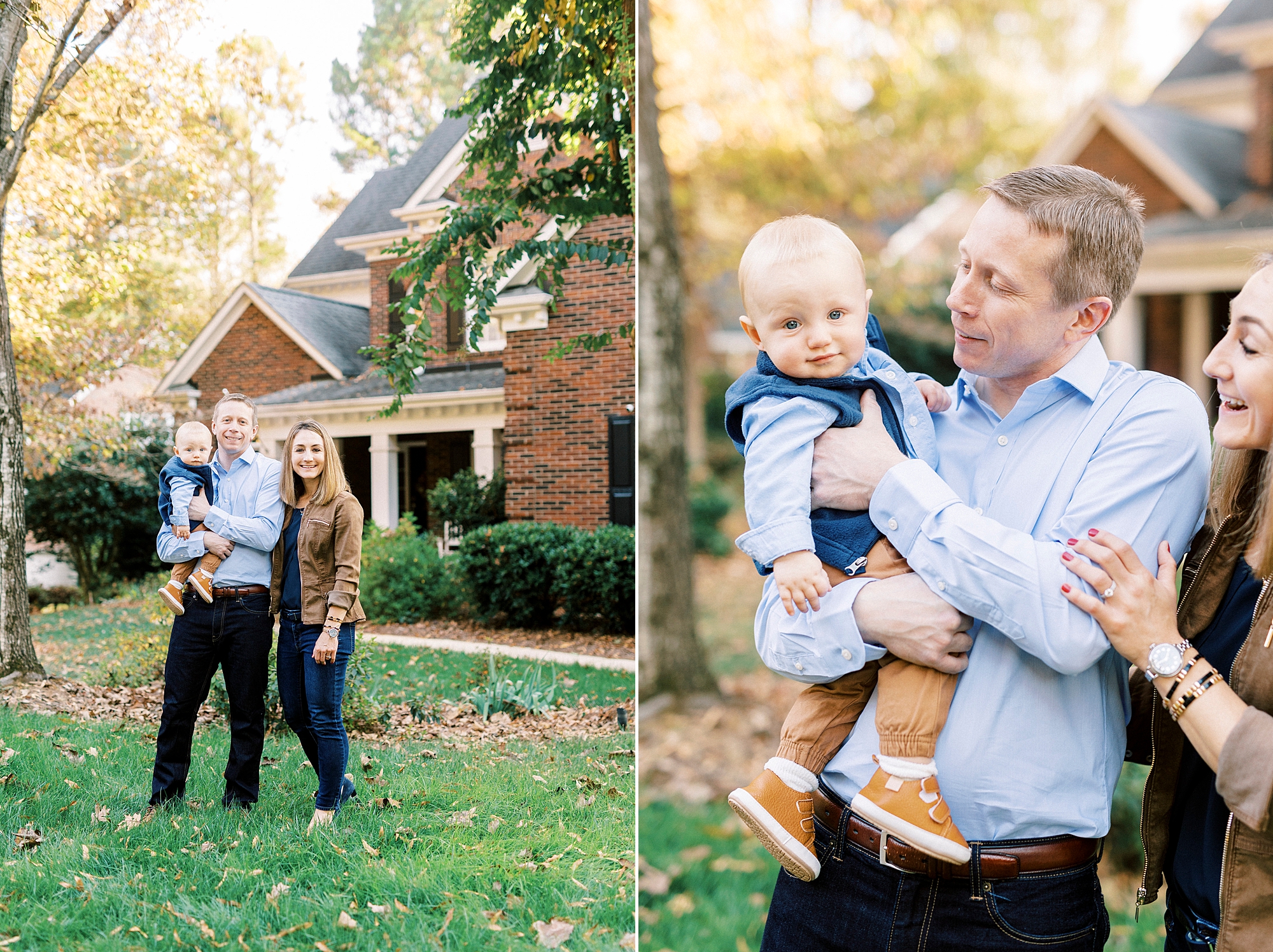 dad holds son on hip in front of Charlotte home