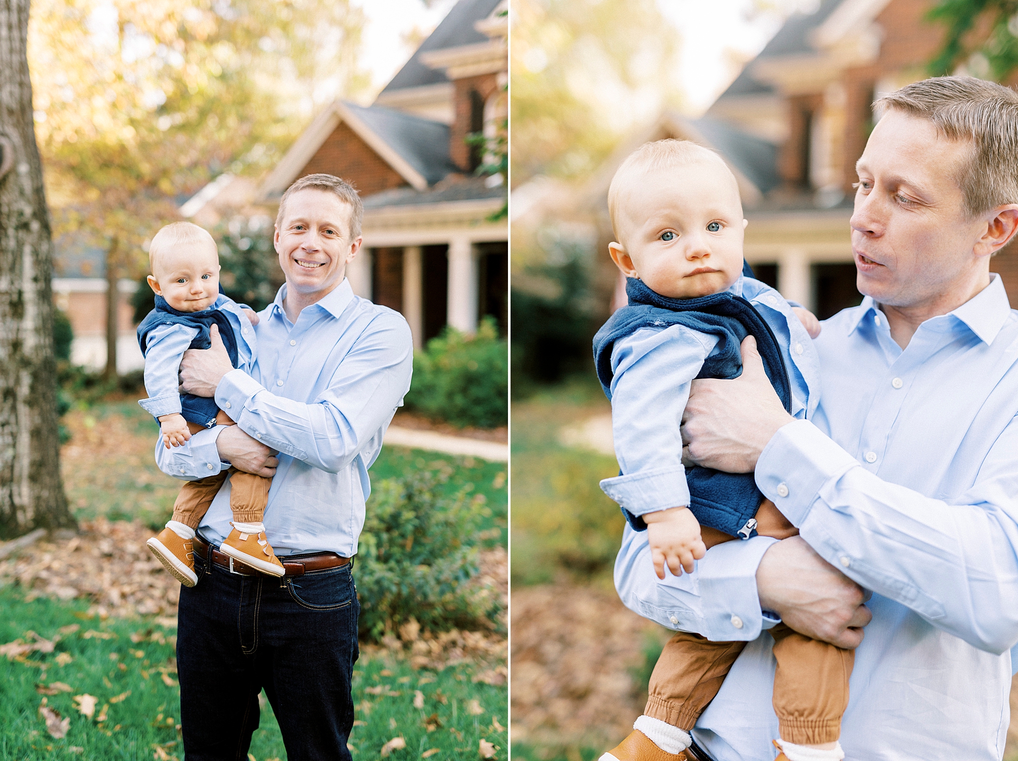 dad in blue shirt holds son in front of home in Charlotte NC
