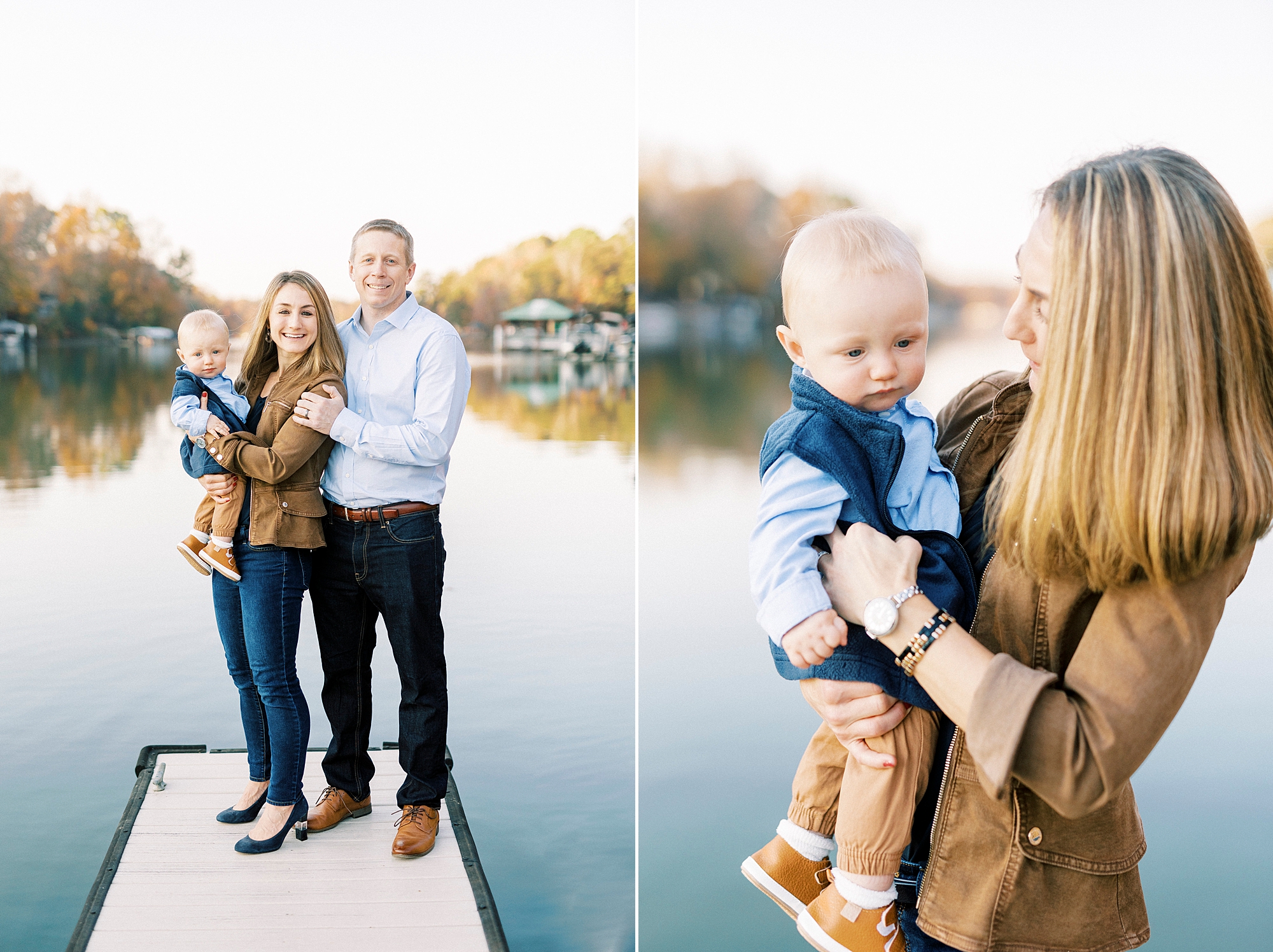 parents stand on end of dock holding son near lake in Charlotte NC