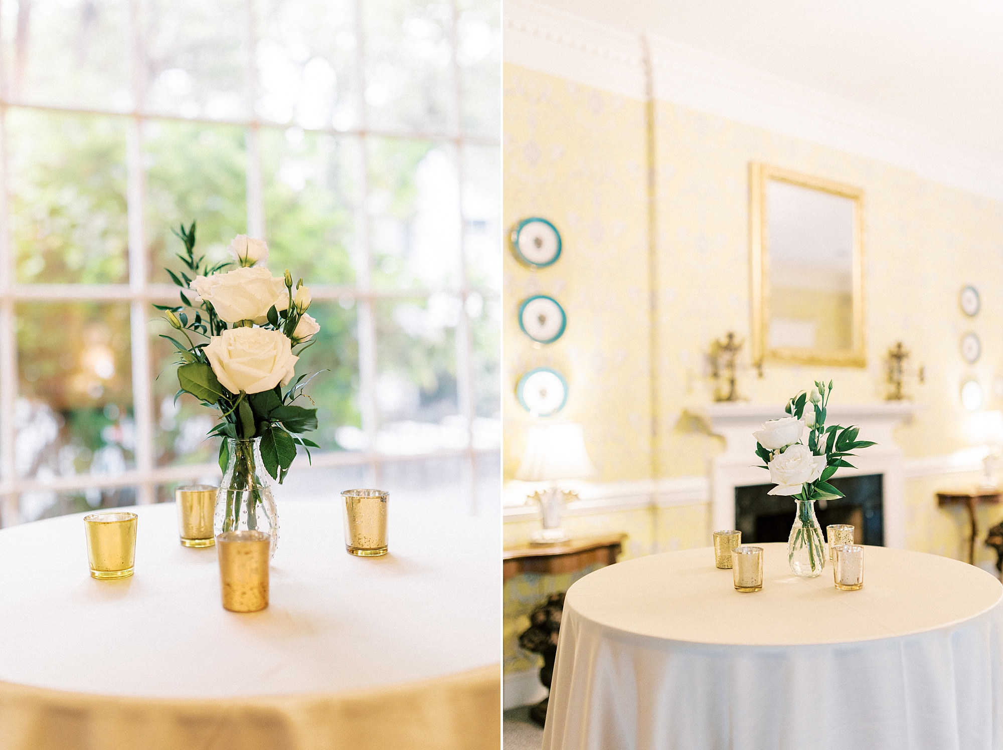 ivory flower centerpieces with gold candles for fall wedding at the Morehead Inn