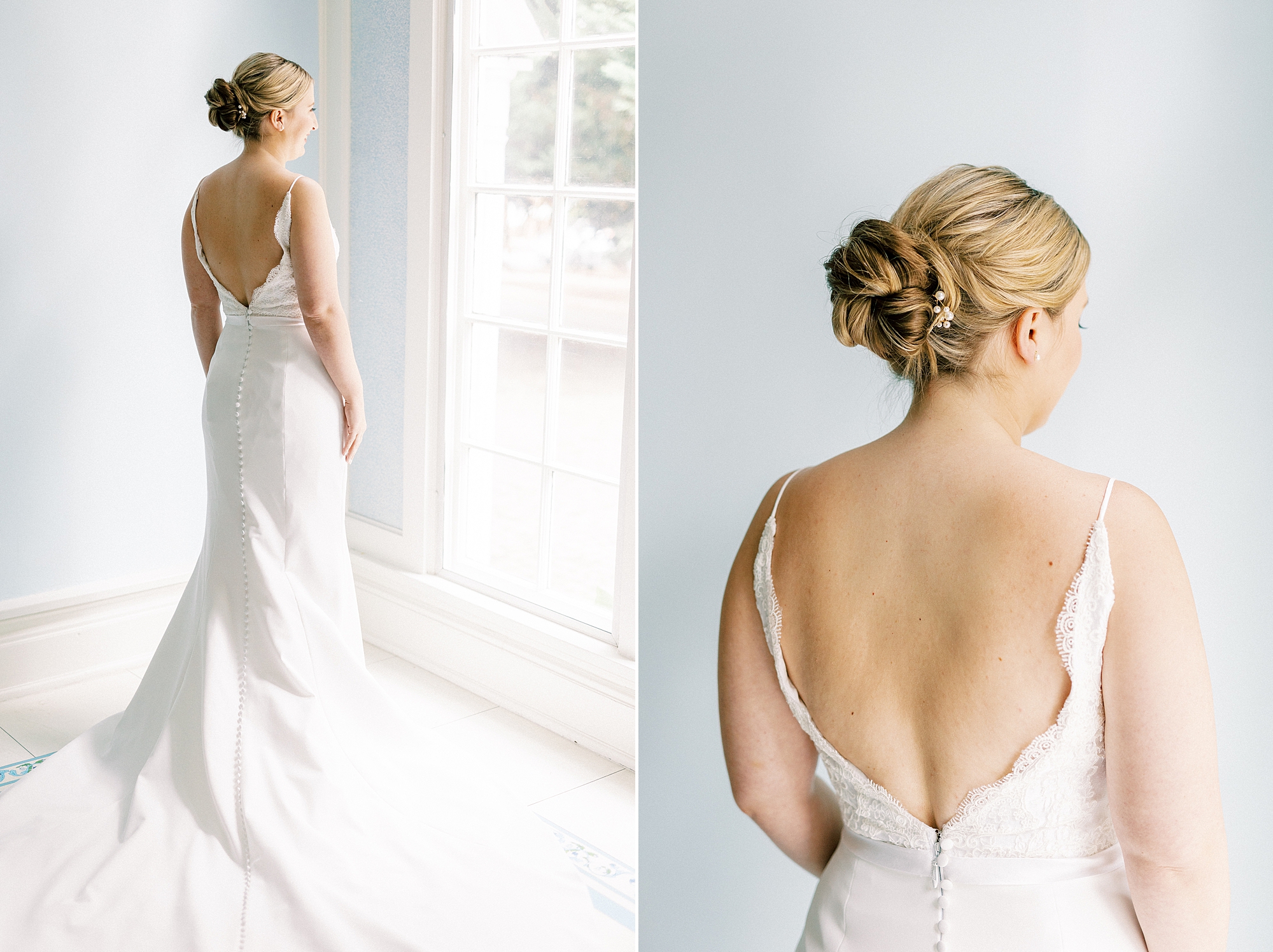 bride looks out window showing off back of wedding gown with bun