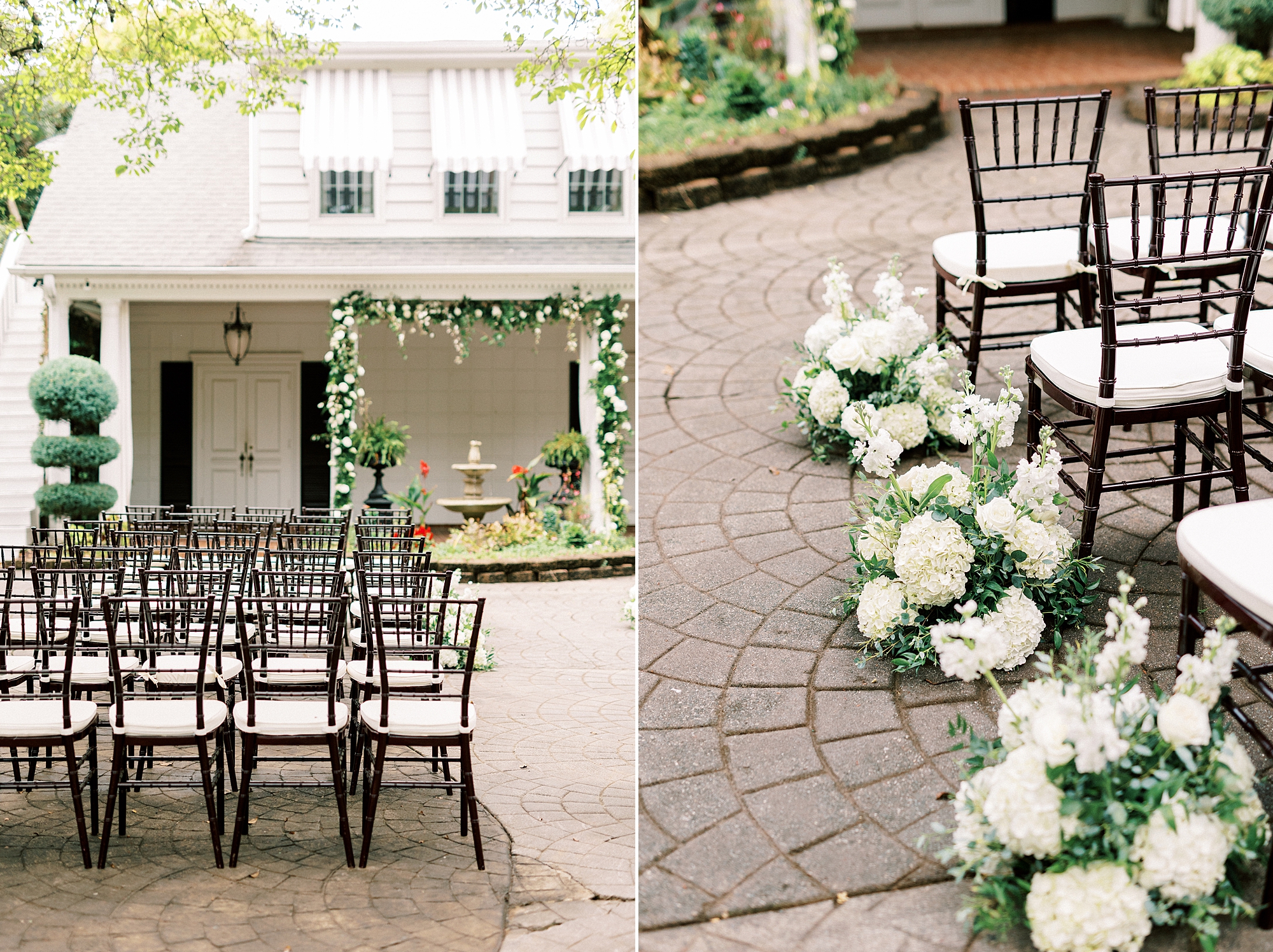 wedding reception on patio at the Morehead Inn with white flowers outlining aisle