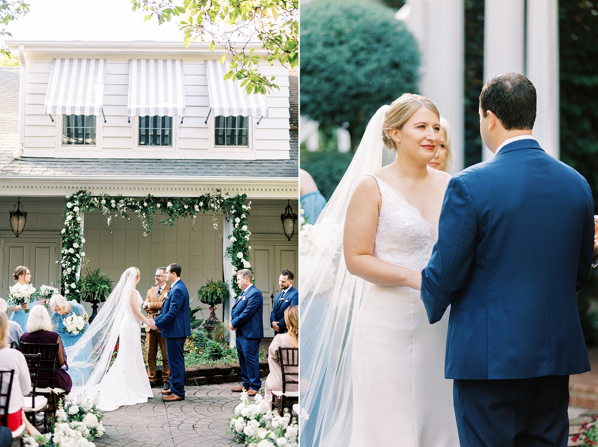 bride looks up at groom holding hands during ceremony in North Carolina