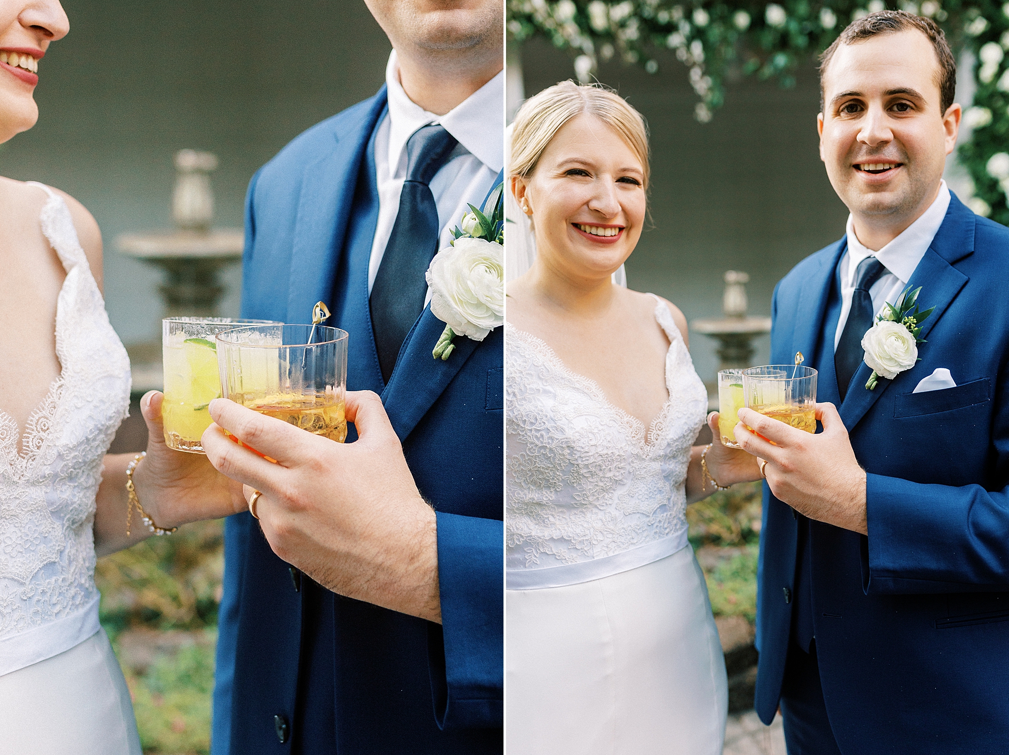 bride and groom toast custom cocktails for wedding ceremony at the Morehead Inn