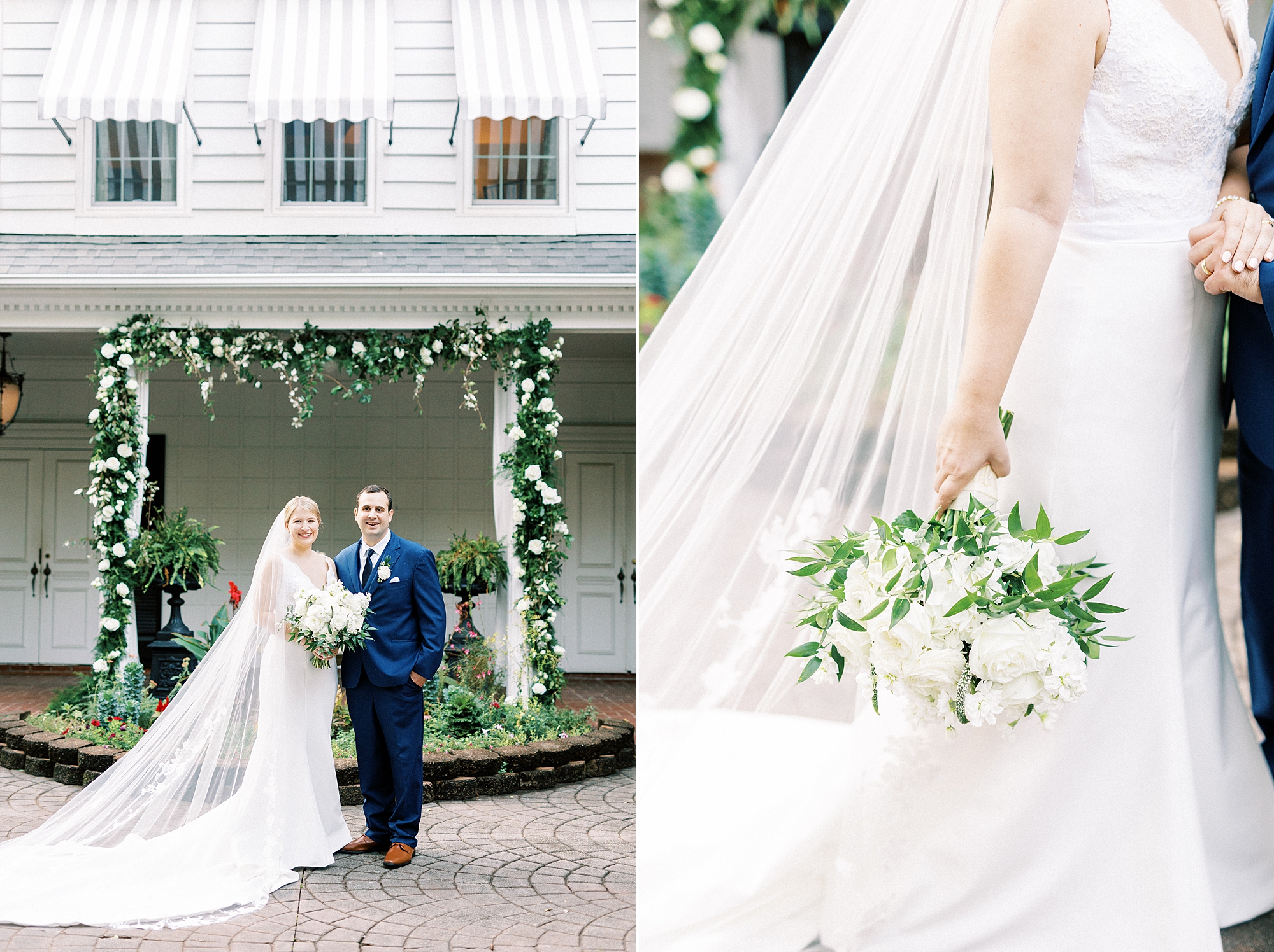 bride and groom hug in front of arbor with bride holding bouquet down beside her