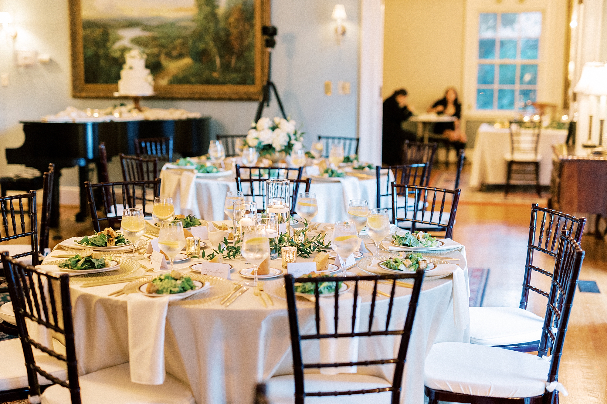 fall wedding reception at the Morehead Inn with ivory, gold, and green details