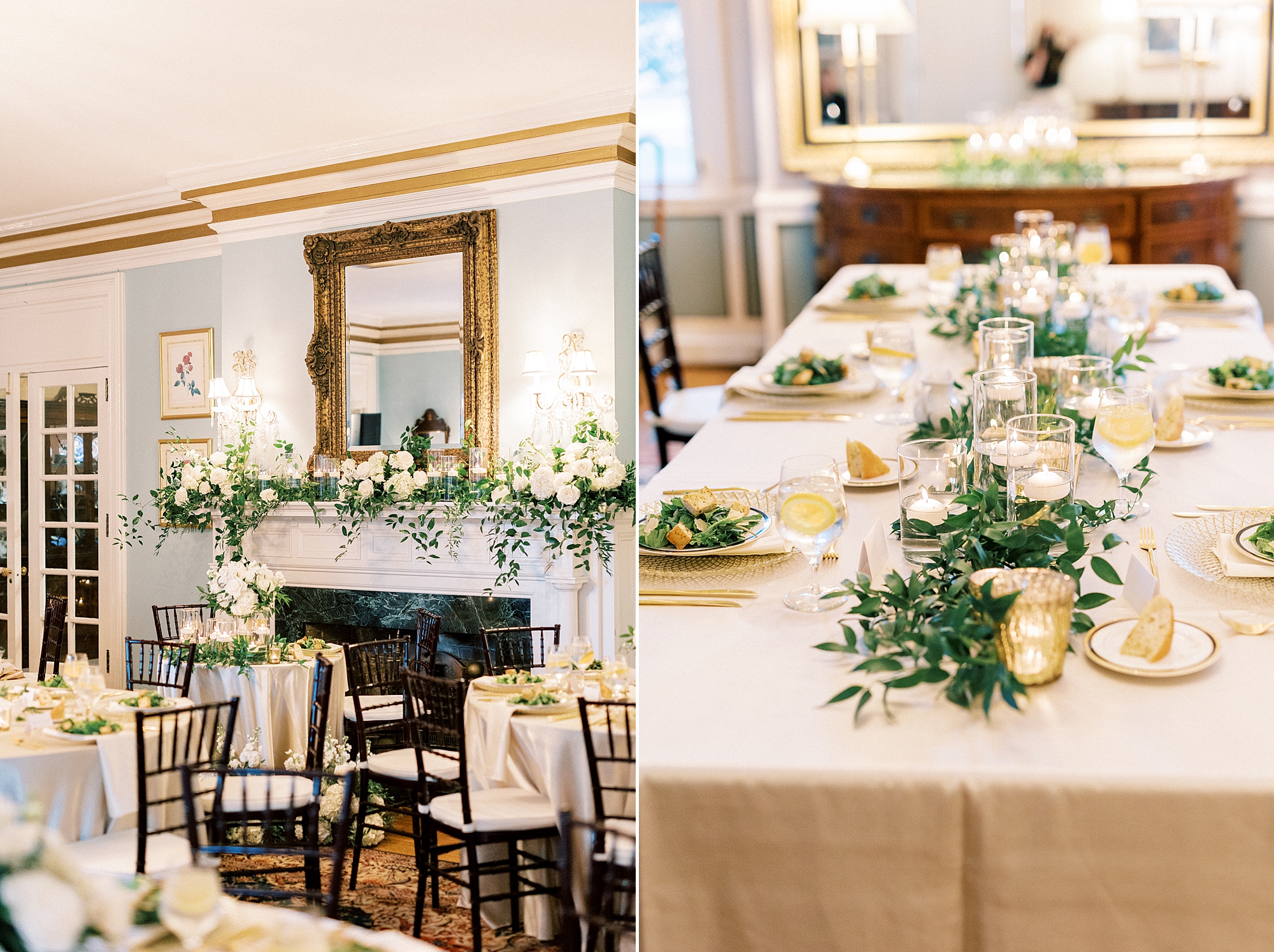 fall wedding reception at the Morehead Inn with greenery table runner with gold candles