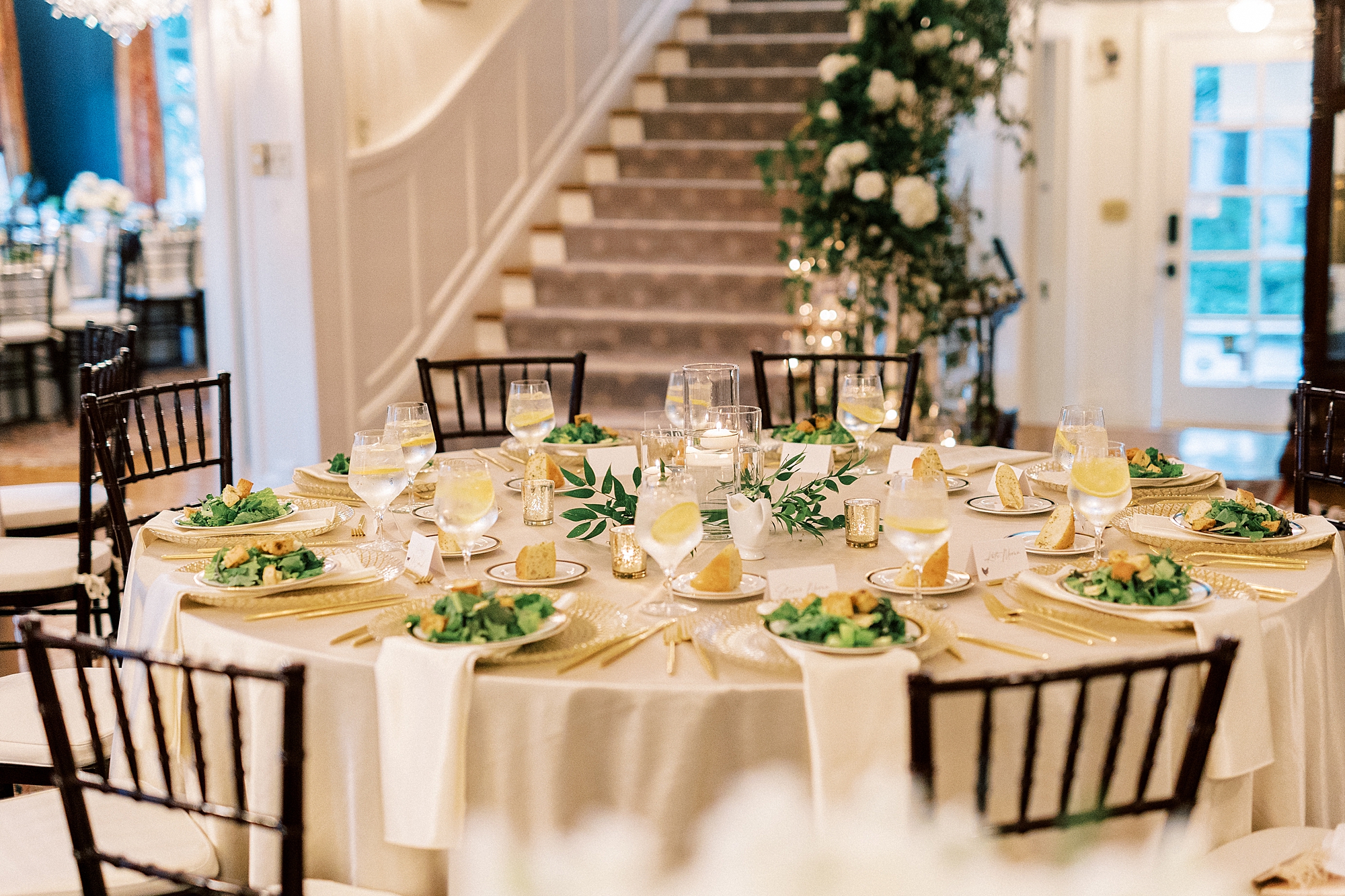 wedding reception at the Morehead Inn with gold and green details