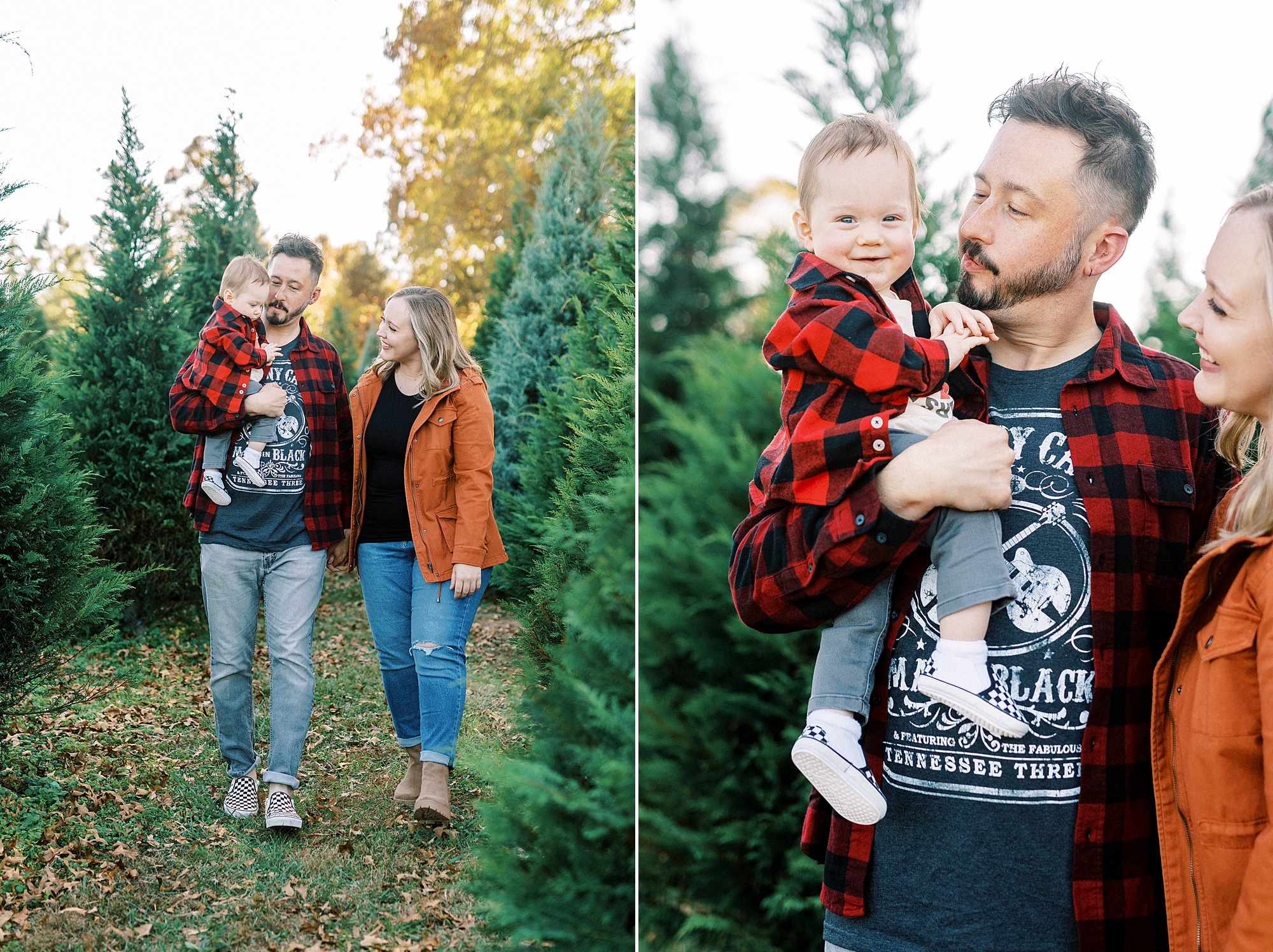 dad holds baby on hip and hugs wife walking between Christmas trees