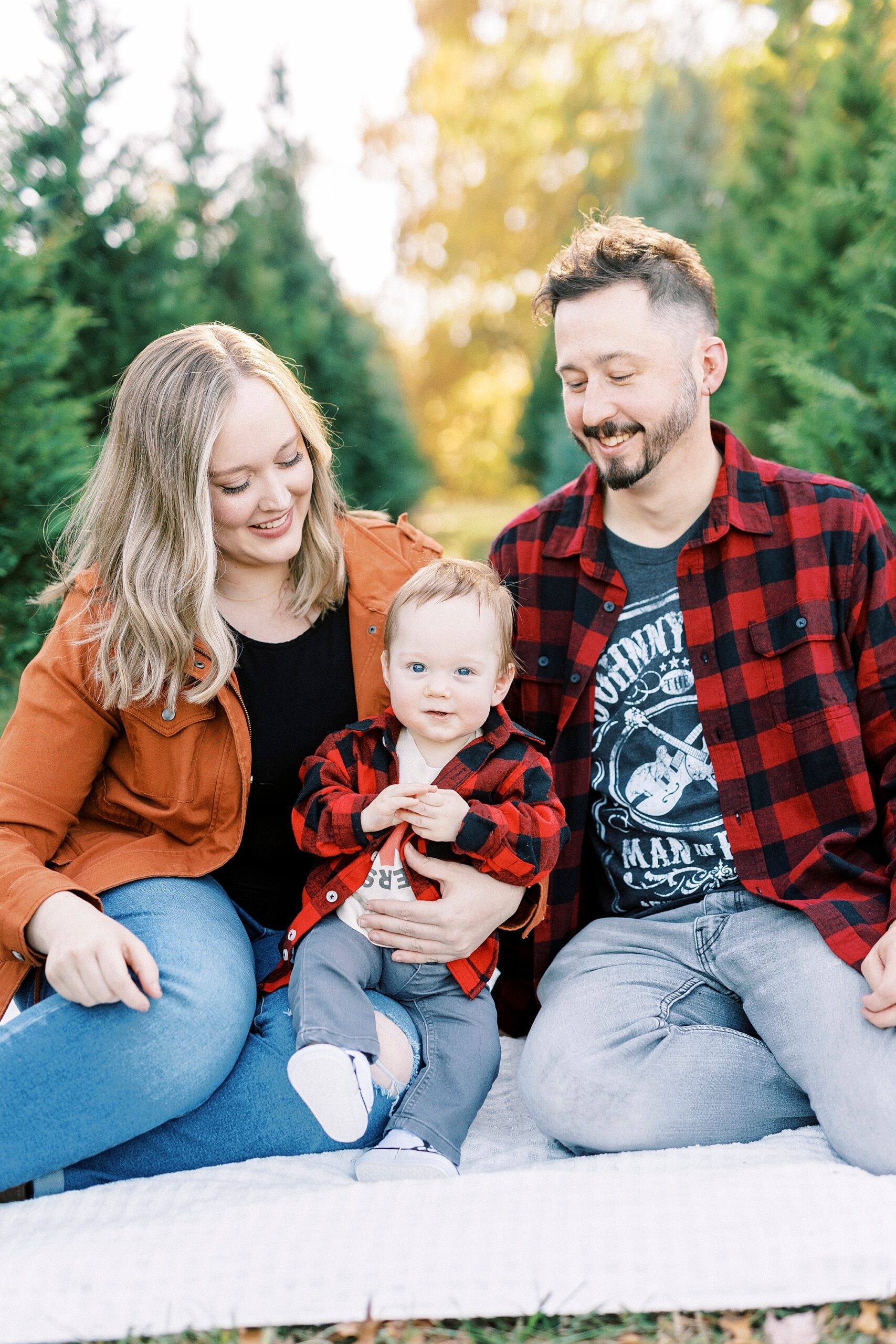 parents hug toddler son onto lap during Almond Christmas Tree Farm mini sessions