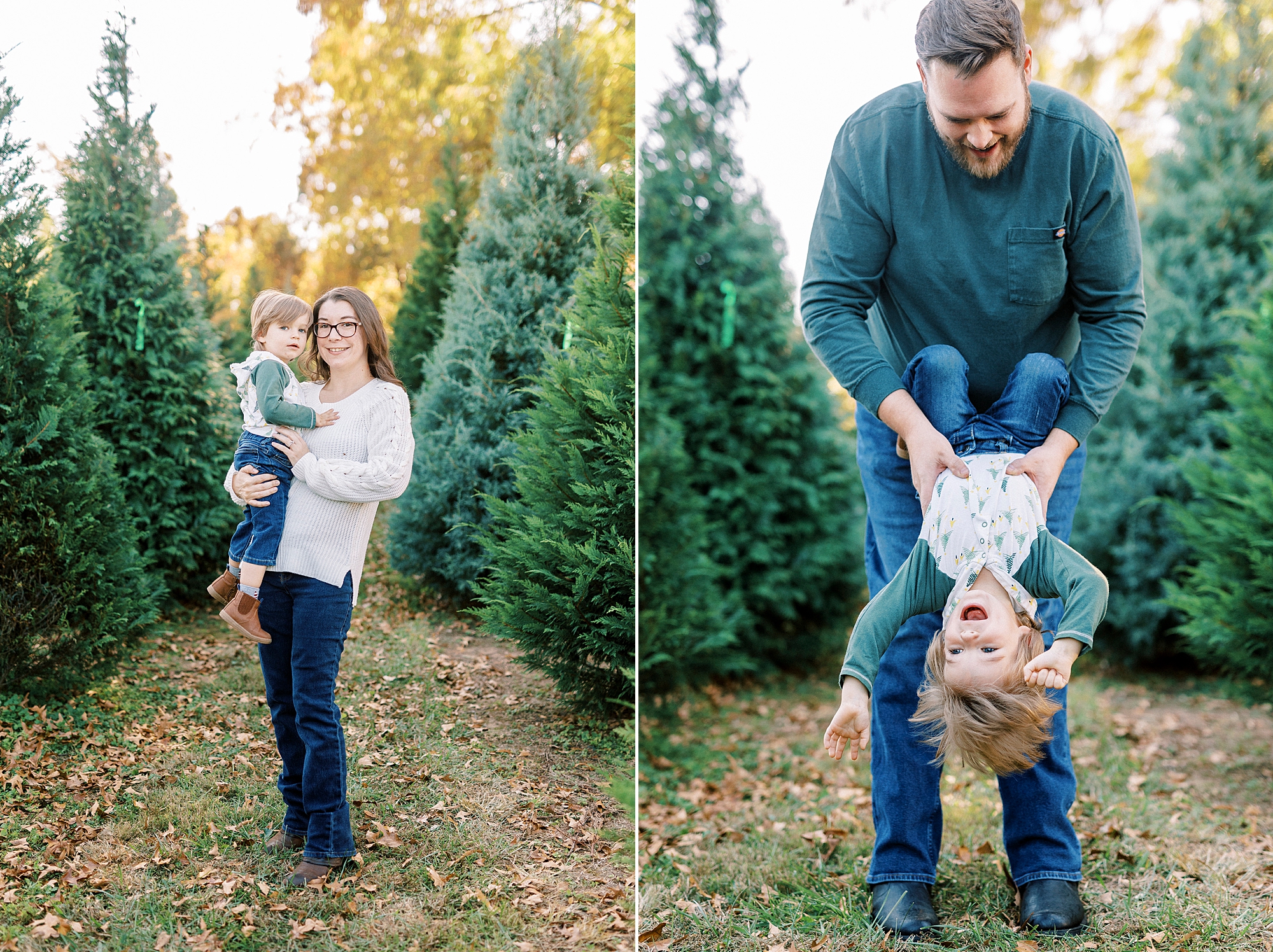 dad and mom play with son during Almond Christmas Tree Farm mini sessions