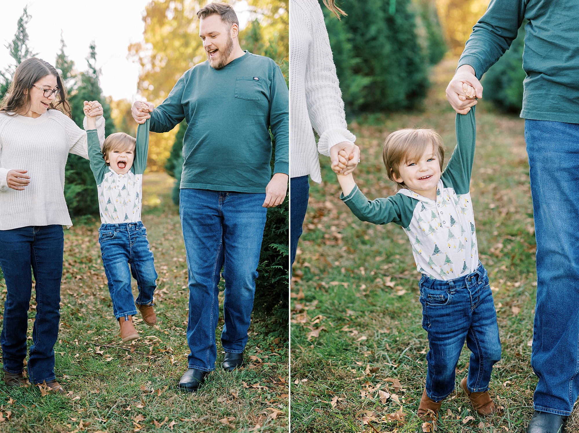 parents walk through trees during Almond Christmas Tree Farm mini sessions