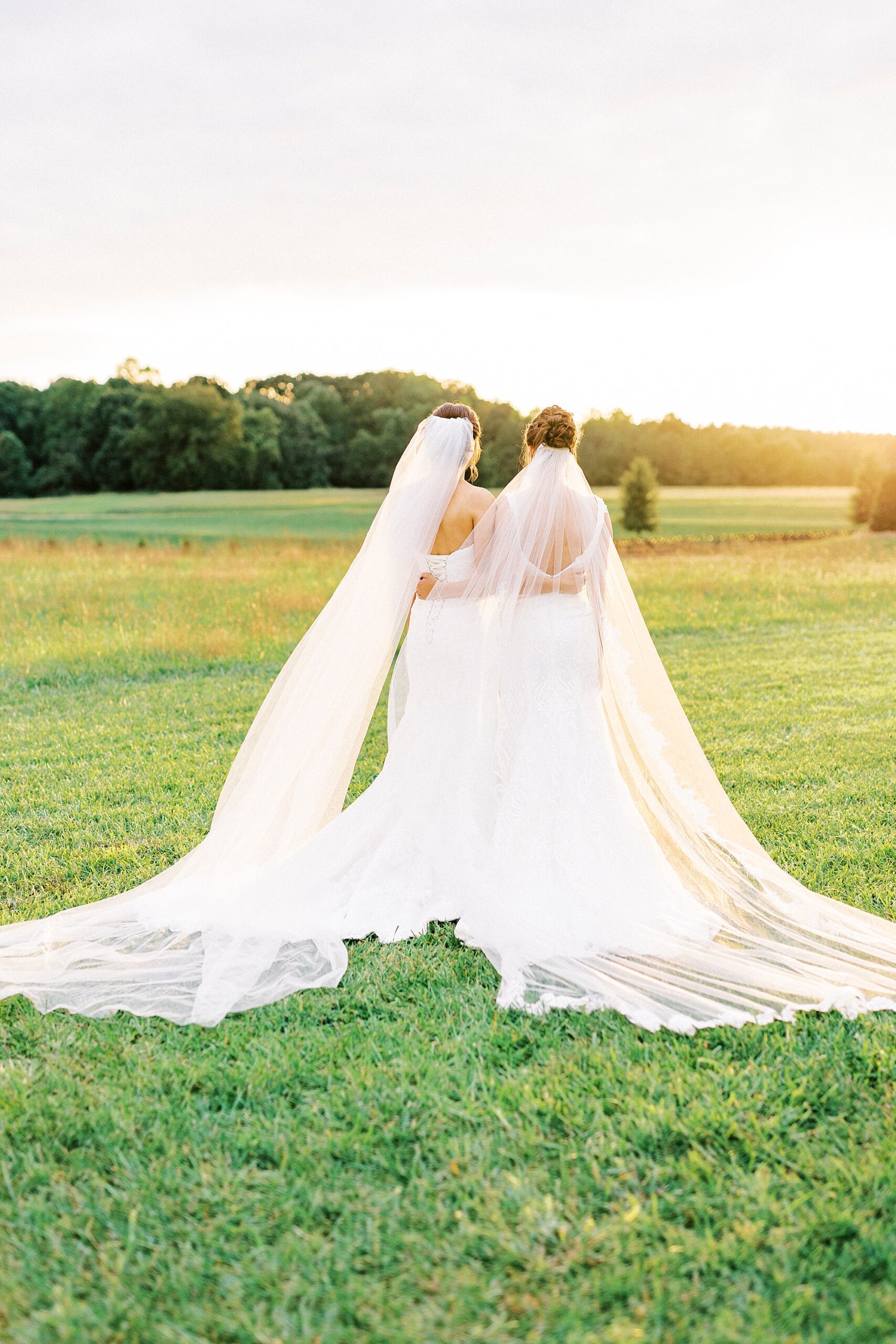 bride and sister hold hands leaning together in front of sunset at Chickadee Hill Farms