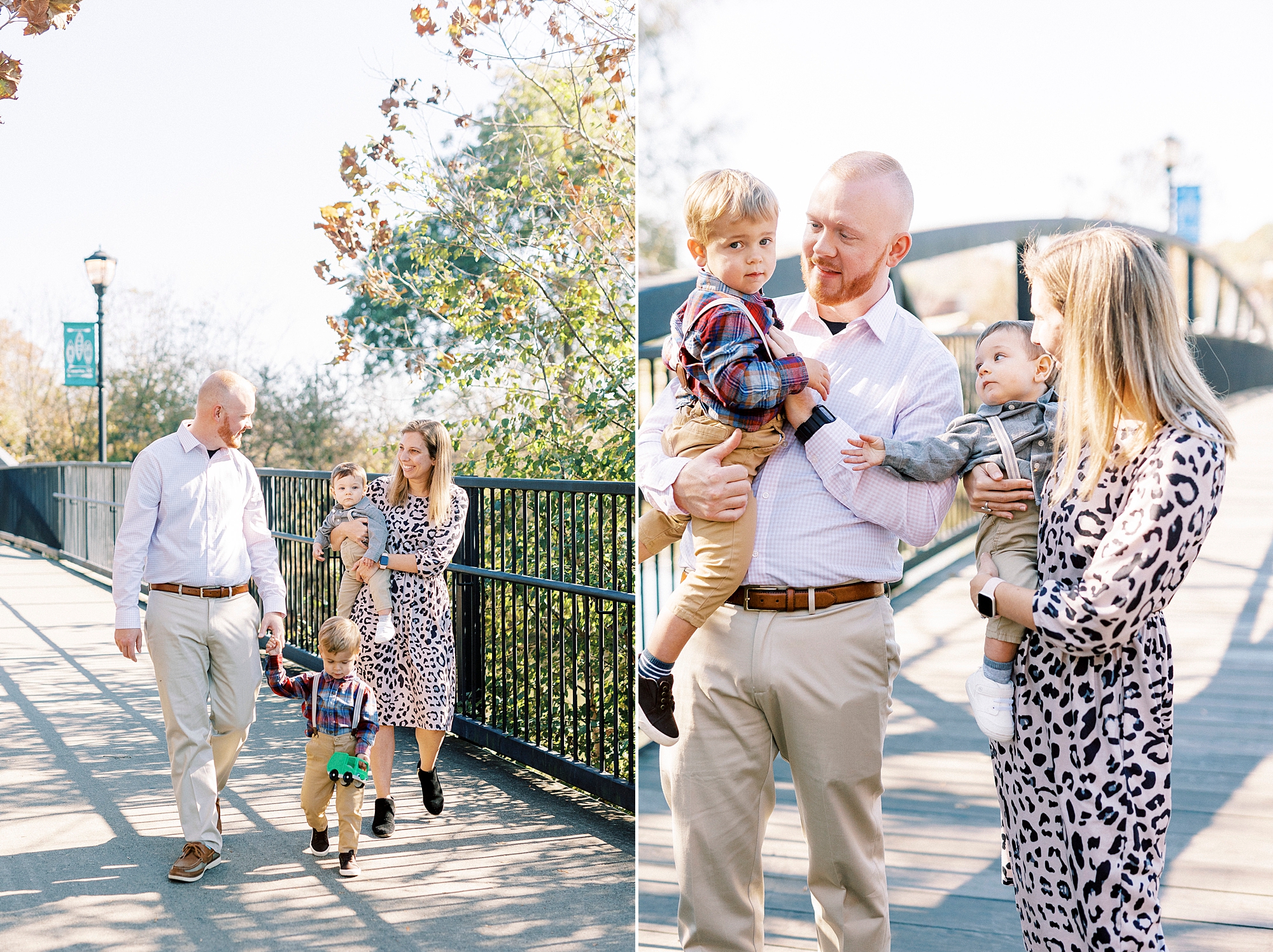 parents walk with sons during fall family photos in Cramerton NC