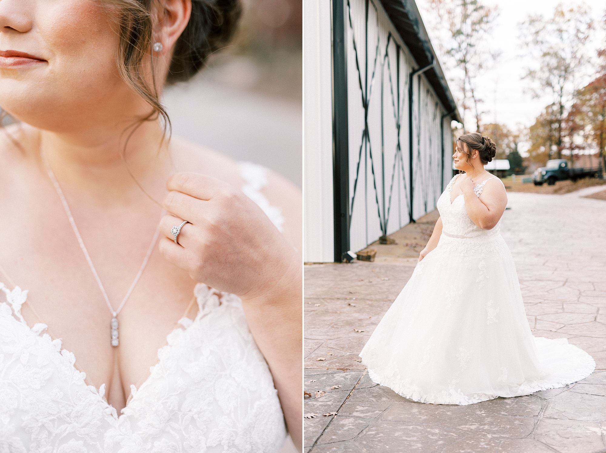 bride poses near barn at the Farm at Brusharbor holding tendril of hair