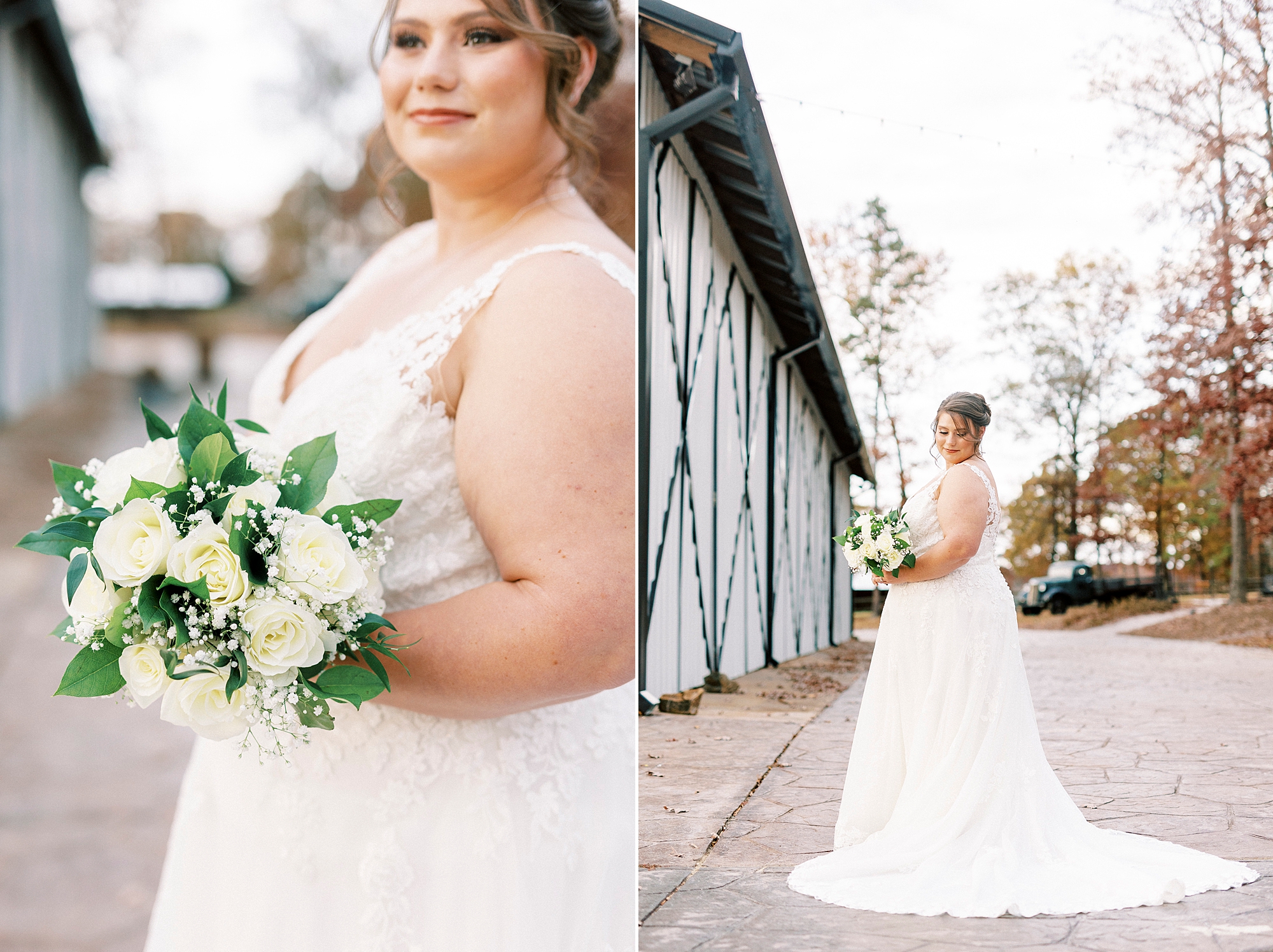 bride stand near white and black barn at the Farm at Brusharbor