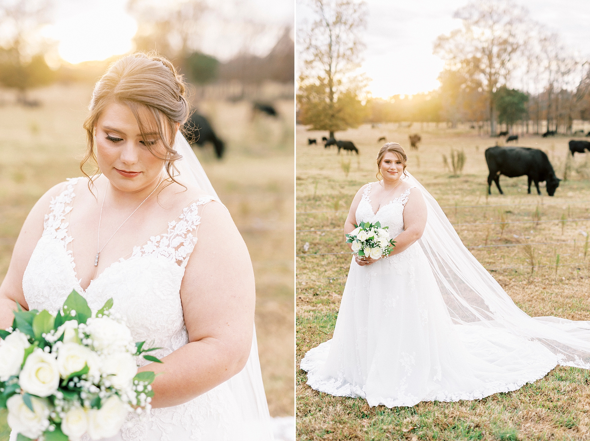 bride looks down at bouquet of white roses and baby's breath