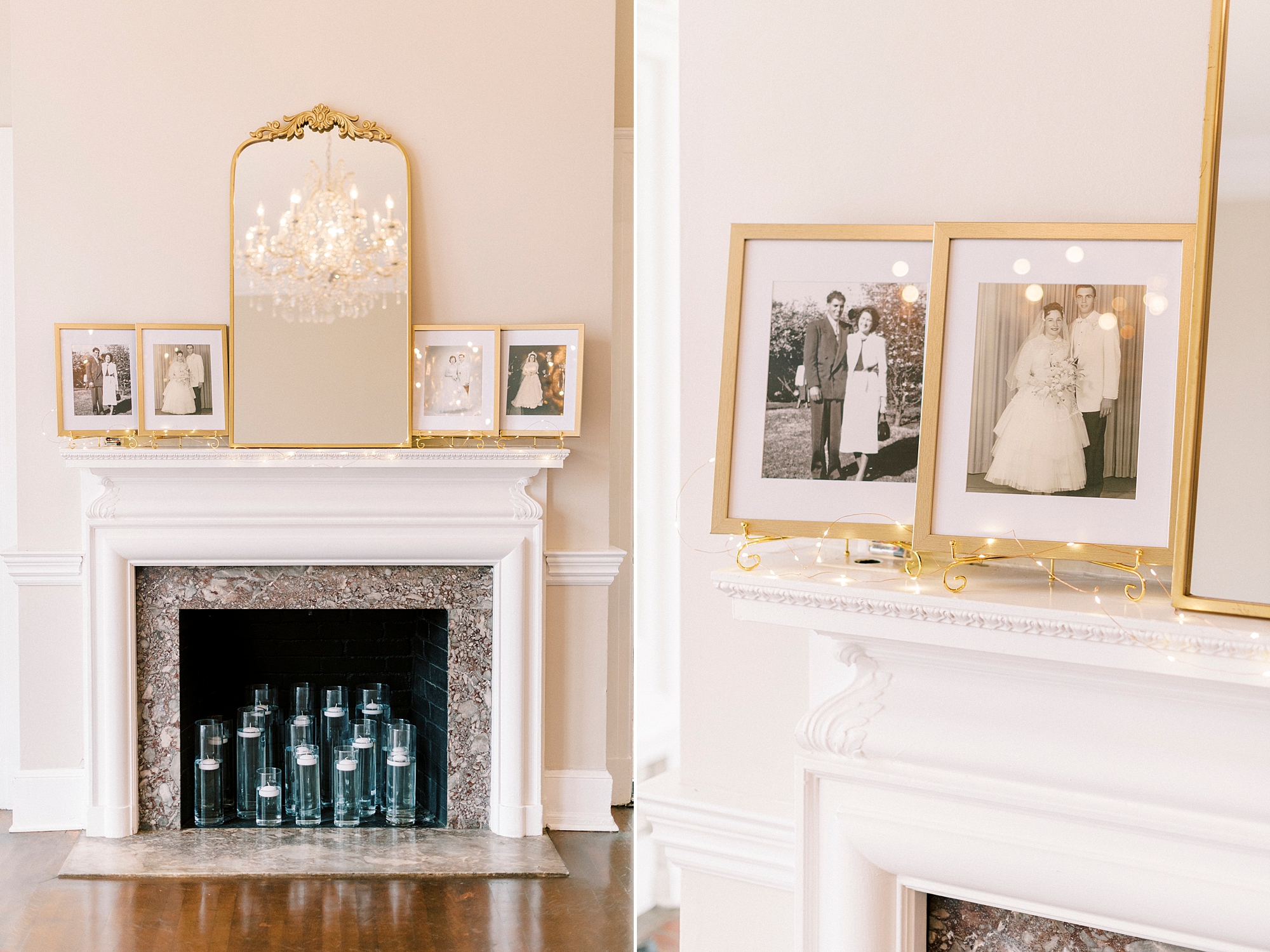 family's black and white photos rest on mantle inside Separk Mansion