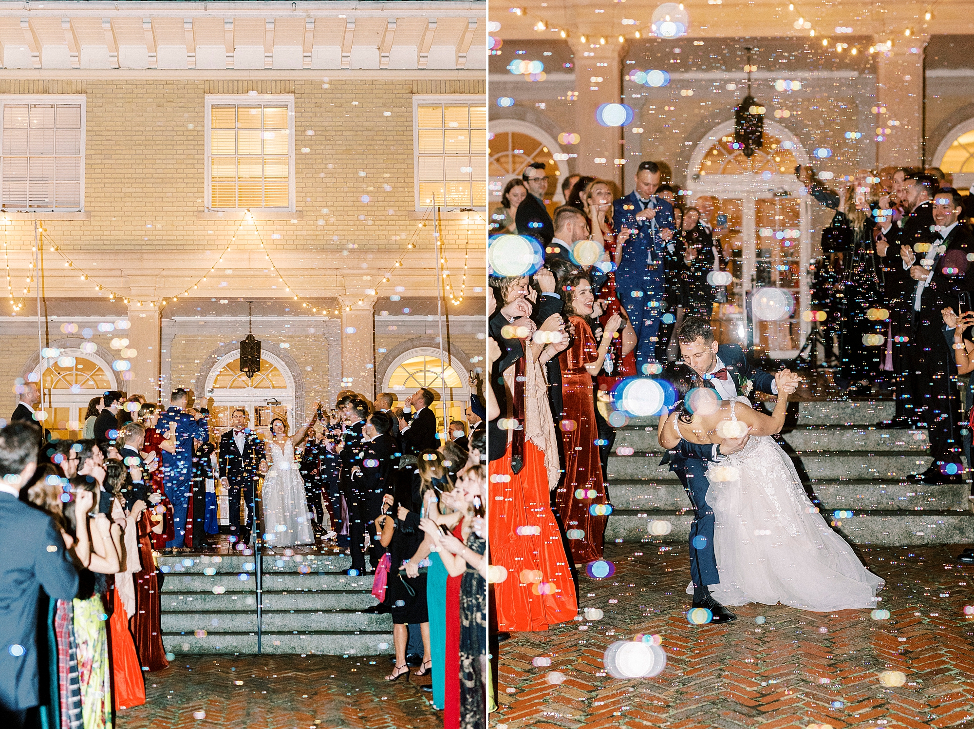 bride and groom leave separk Mansion in bubble exit with guests 