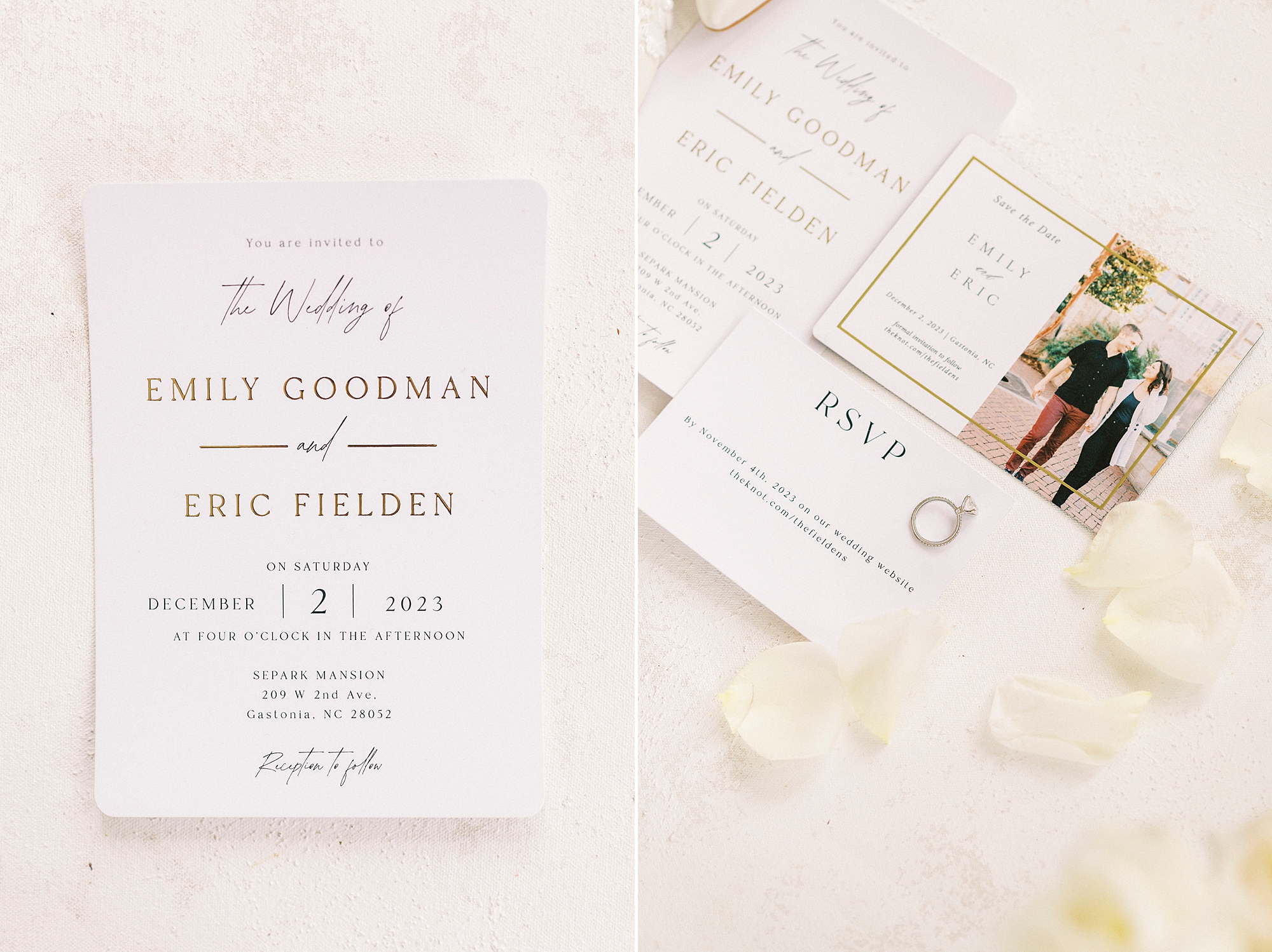 black and white stationery set for classic winter wedding at Separk Mansion
