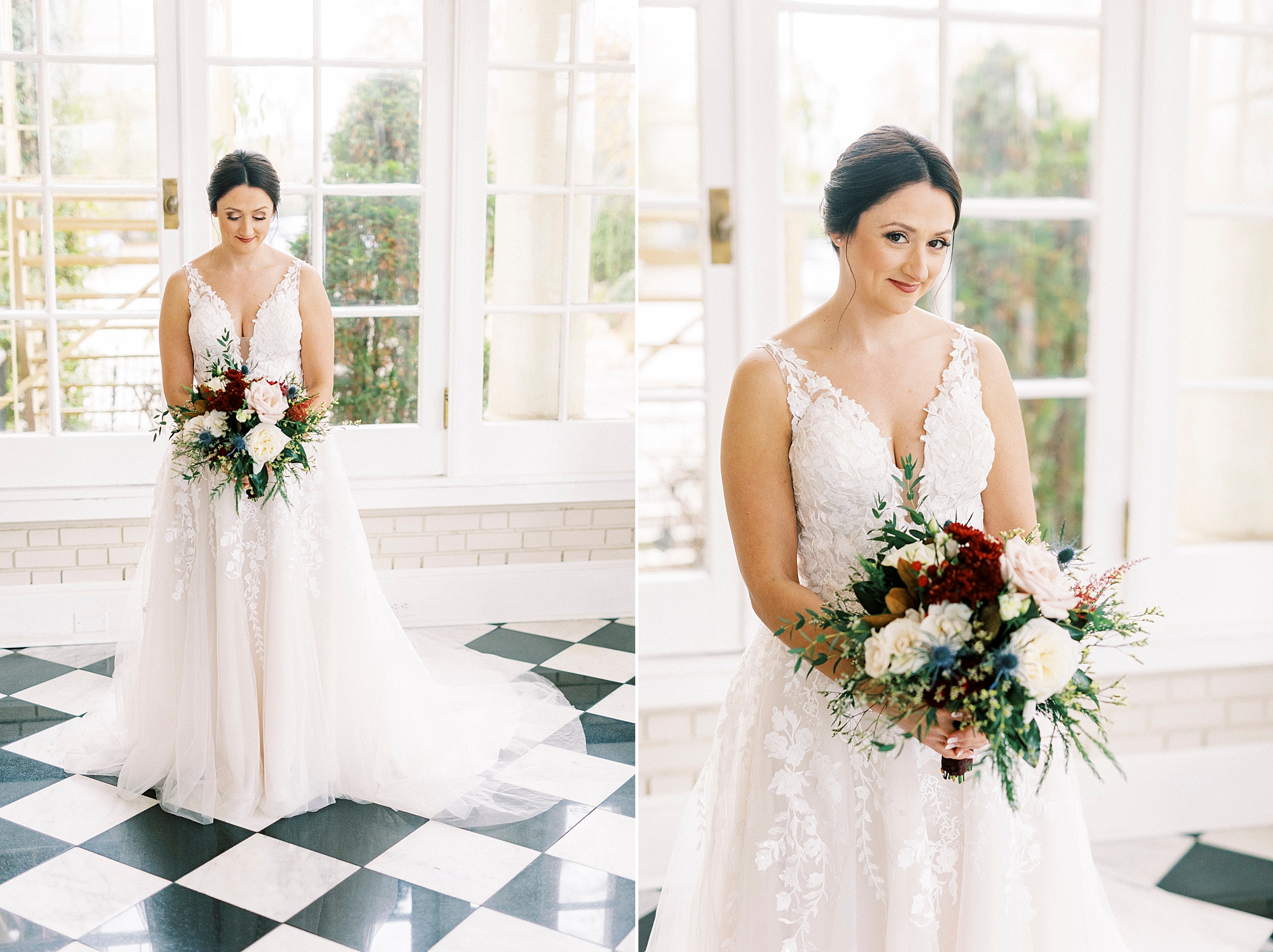 bride stands holding bouquet of red and white flowers inside Separk Mansion