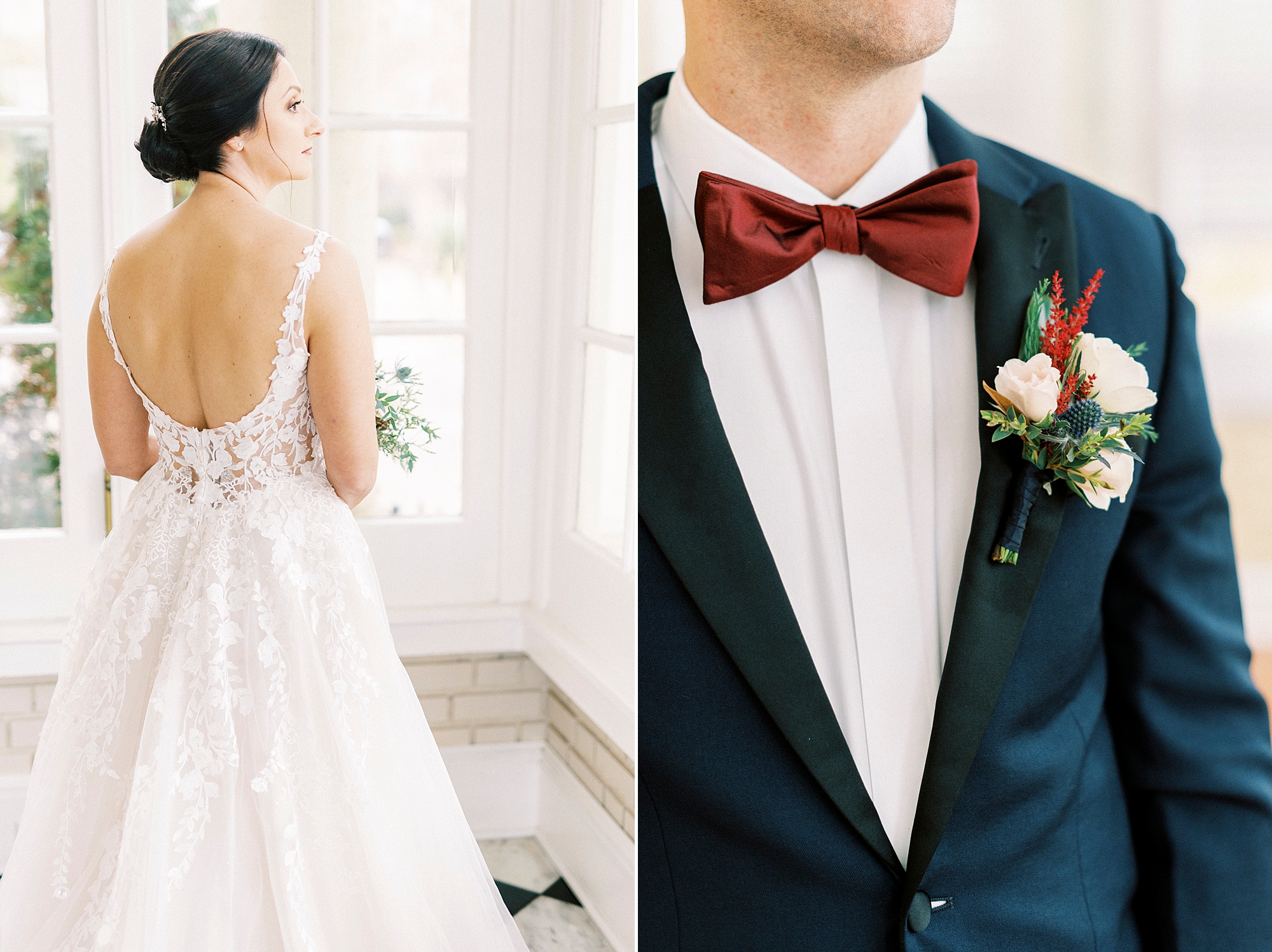 groom stands in navy suit with red tie for classic winter wedding at Separk Mansion