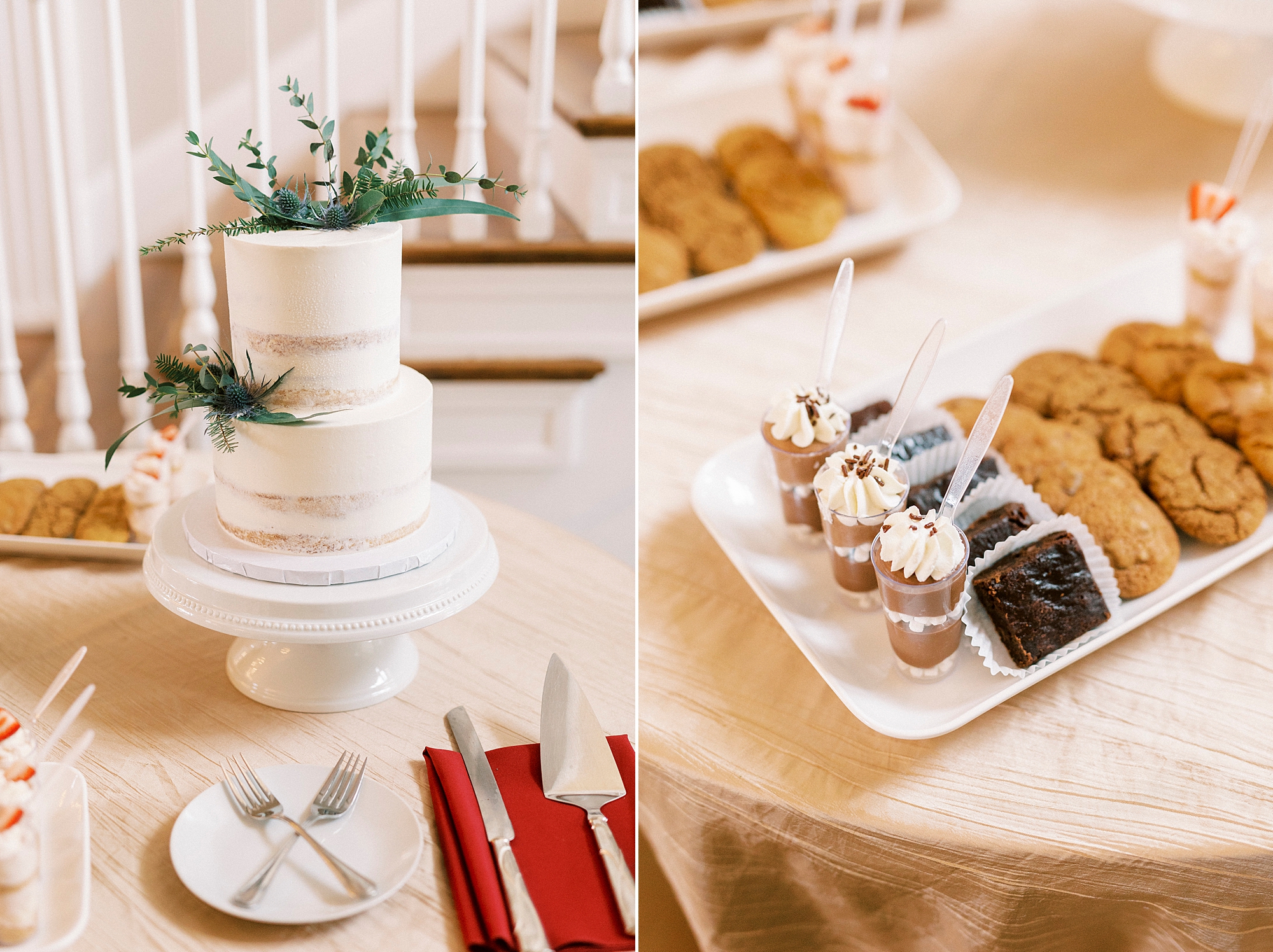 tiered white wedding cake and dessert display for classic winter wedding at Separk Mansion